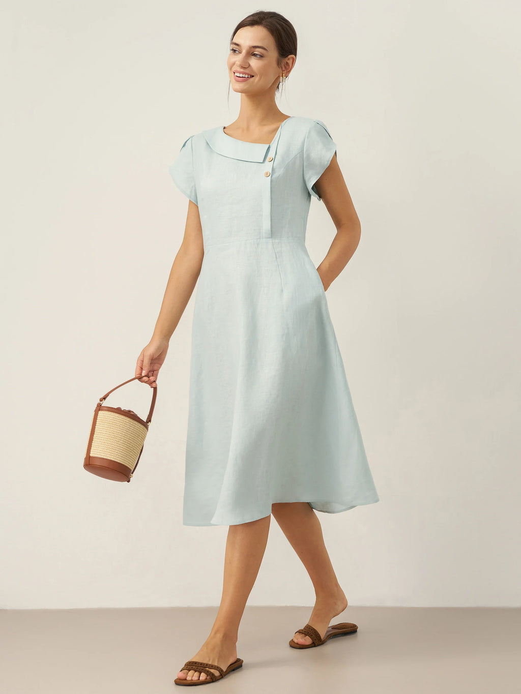LINTICO 100% Linen Crescent Collar Flutter Sleeve Midi Dress FIONA — alternative angle