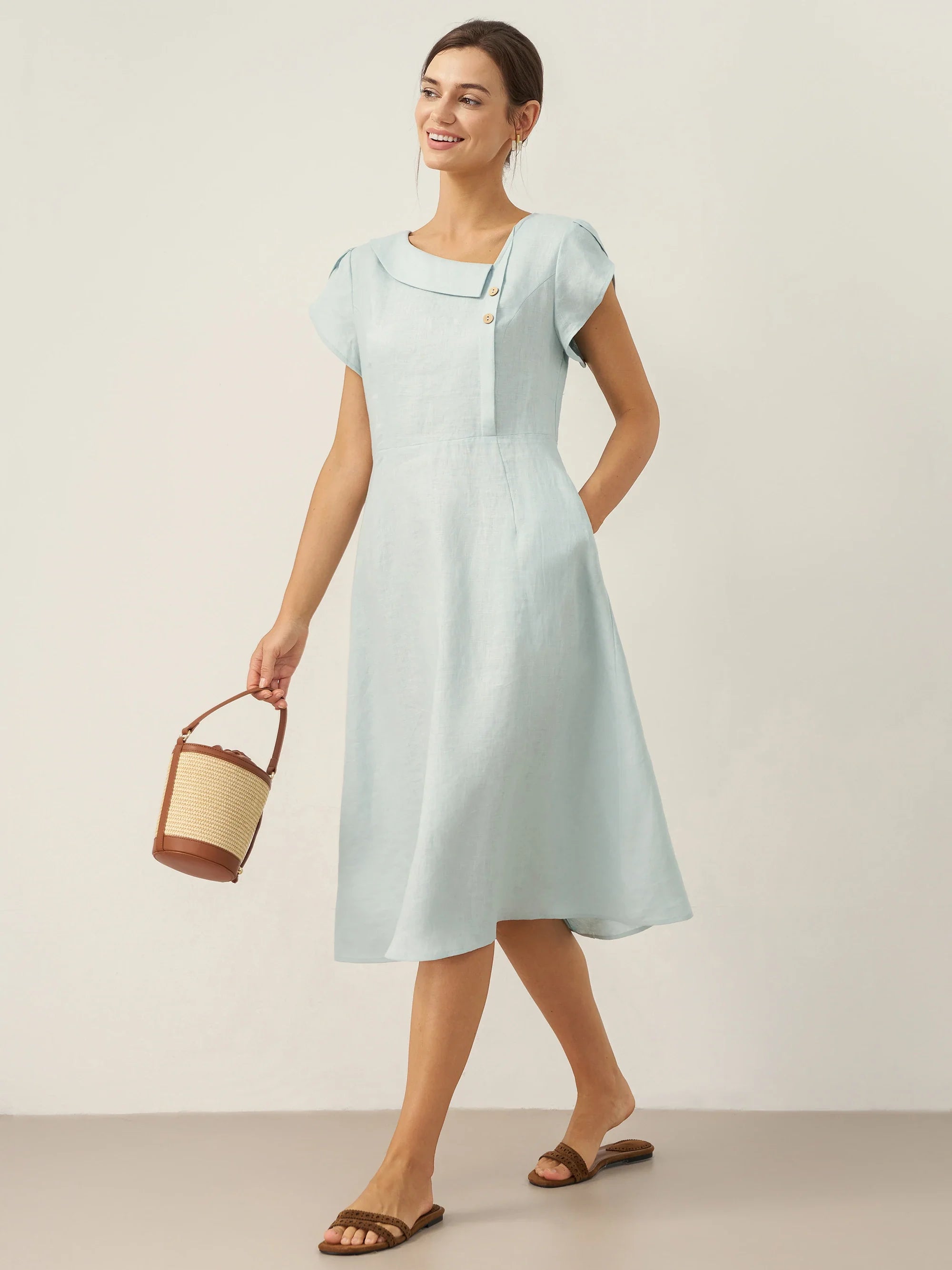 LINTICO 100% Linen Crescent Collar Flutter Sleeve Midi Dress FIONA — alternative angle