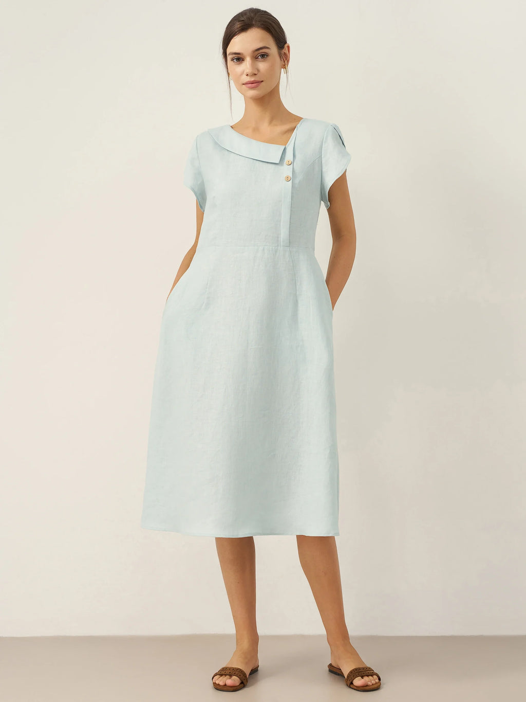 LINTICO 100% Linen Crescent Collar Flutter Sleeve Midi Dress FIONA — detail shot 7