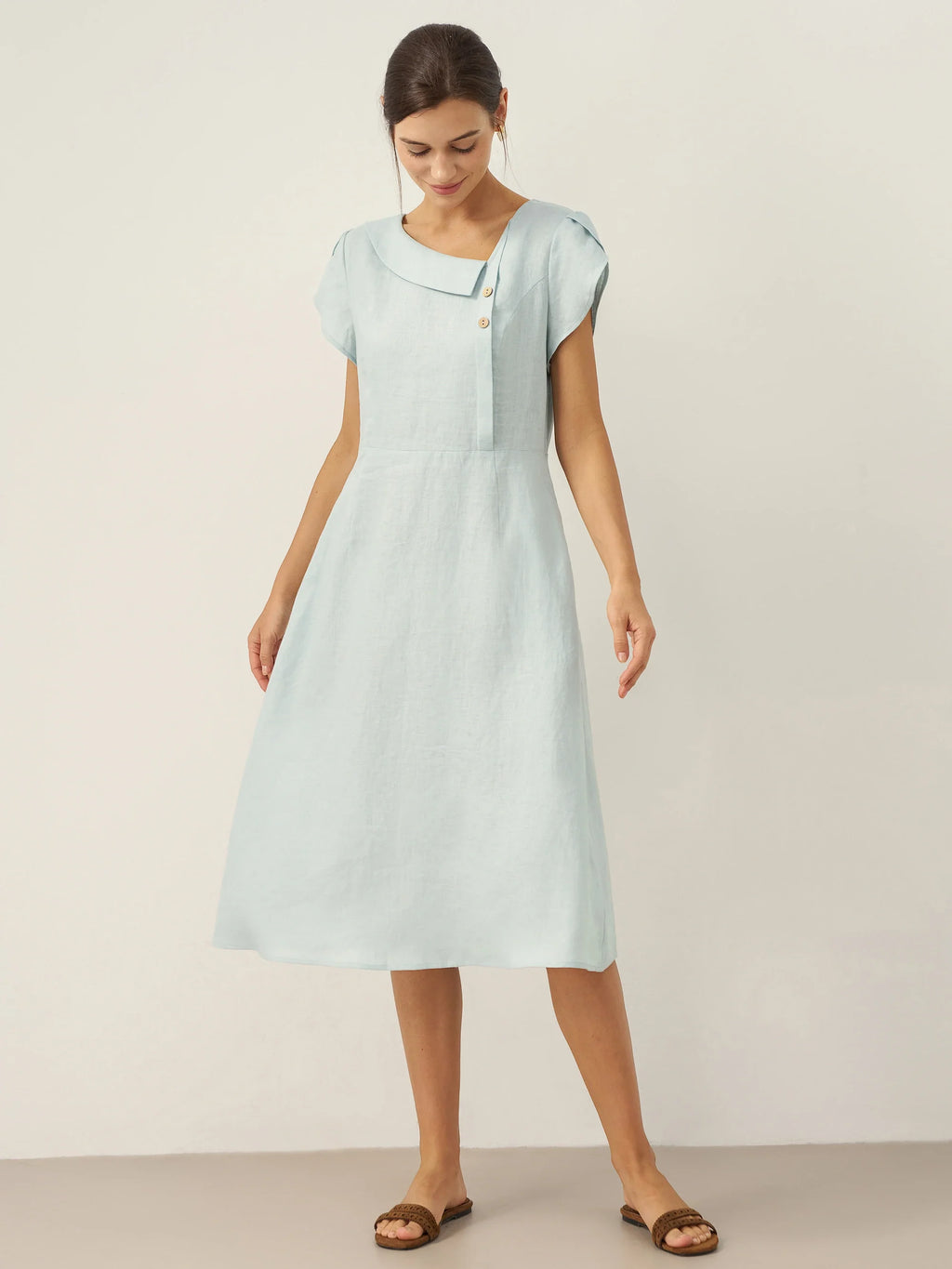 LINTICO 100% Linen Crescent Collar Flutter Sleeve Midi Dress FIONA — lifestyle context