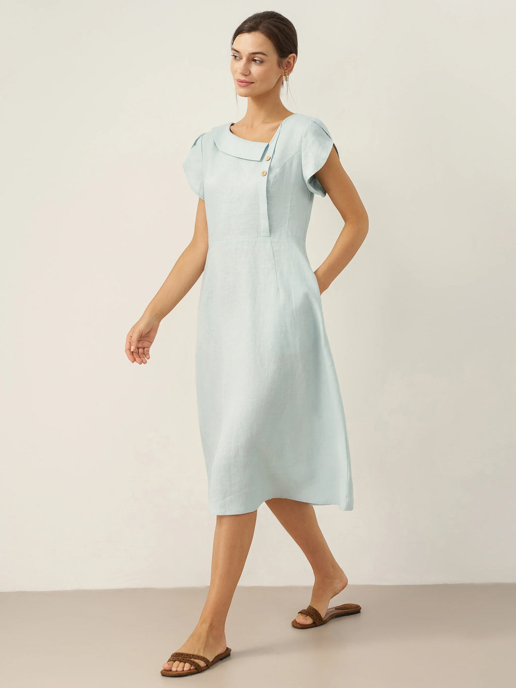 LINTICO 100% Linen Crescent Collar Flutter Sleeve Midi Dress FIONA — main product shot