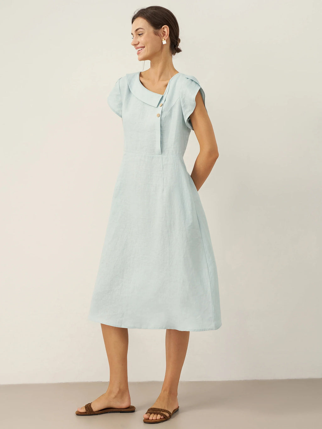 LINTICO 100% Linen Crescent Collar Flutter Sleeve Midi Dress FIONA — side view
