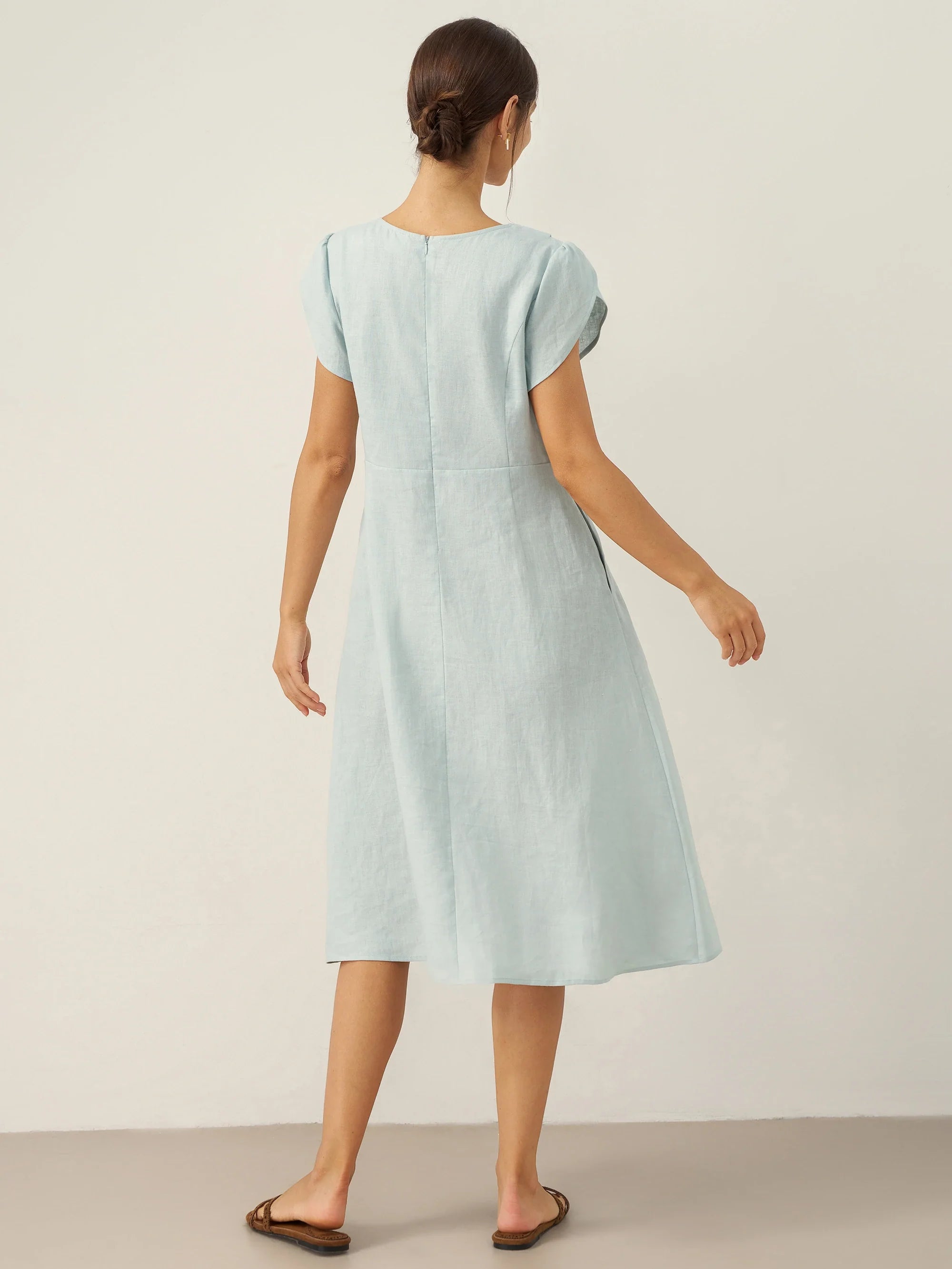 LINTICO 100% Linen Crescent Collar Flutter Sleeve Midi Dress FIONA — detail close-up