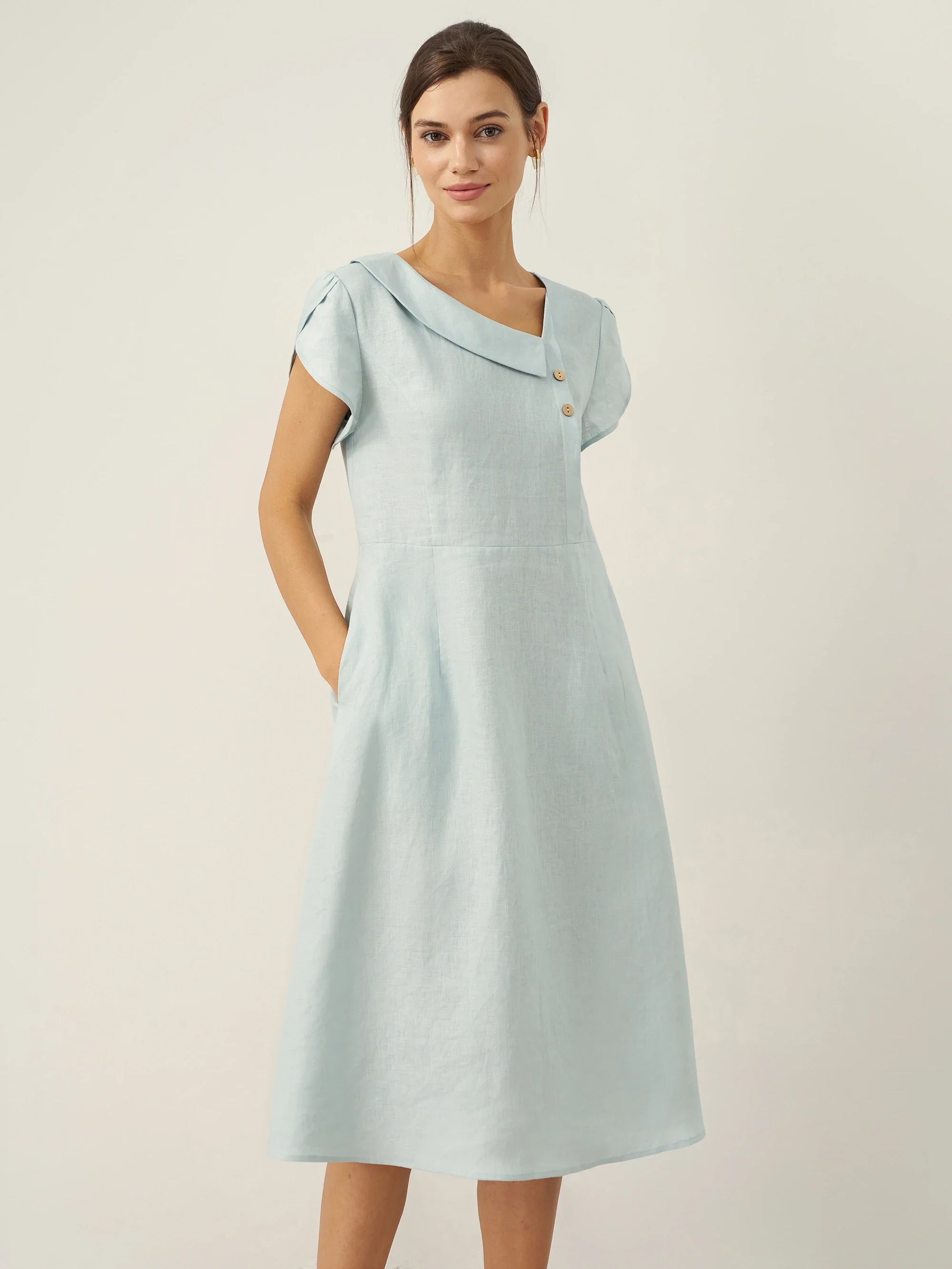 LINTICO 100% Linen Crescent Collar Flutter Sleeve Midi Dress FIONA — product on model