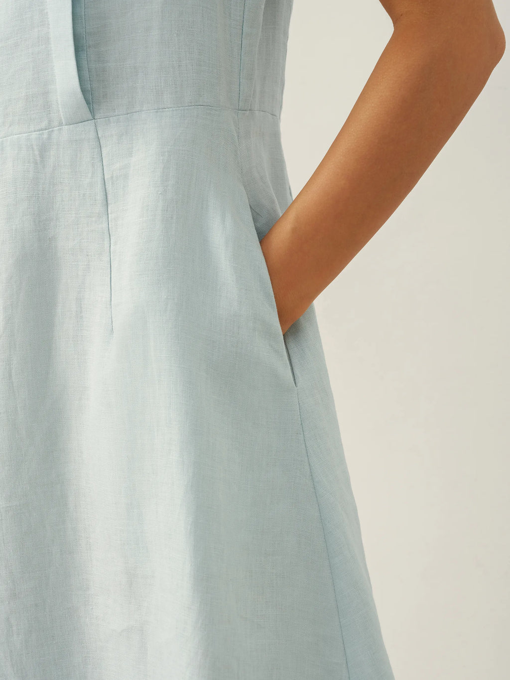 LINTICO 100% Linen Crescent Collar Flutter Sleeve Midi Dress FIONA — in-use photo