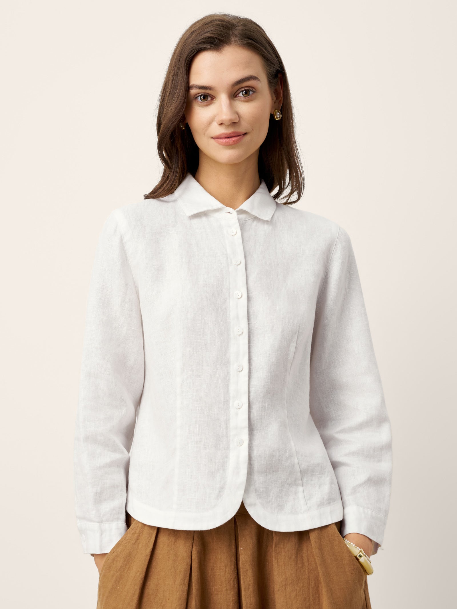 LINTICO 100% Linen Small Collar Curved Hem Tailored Shirt AVELINE — main product shot