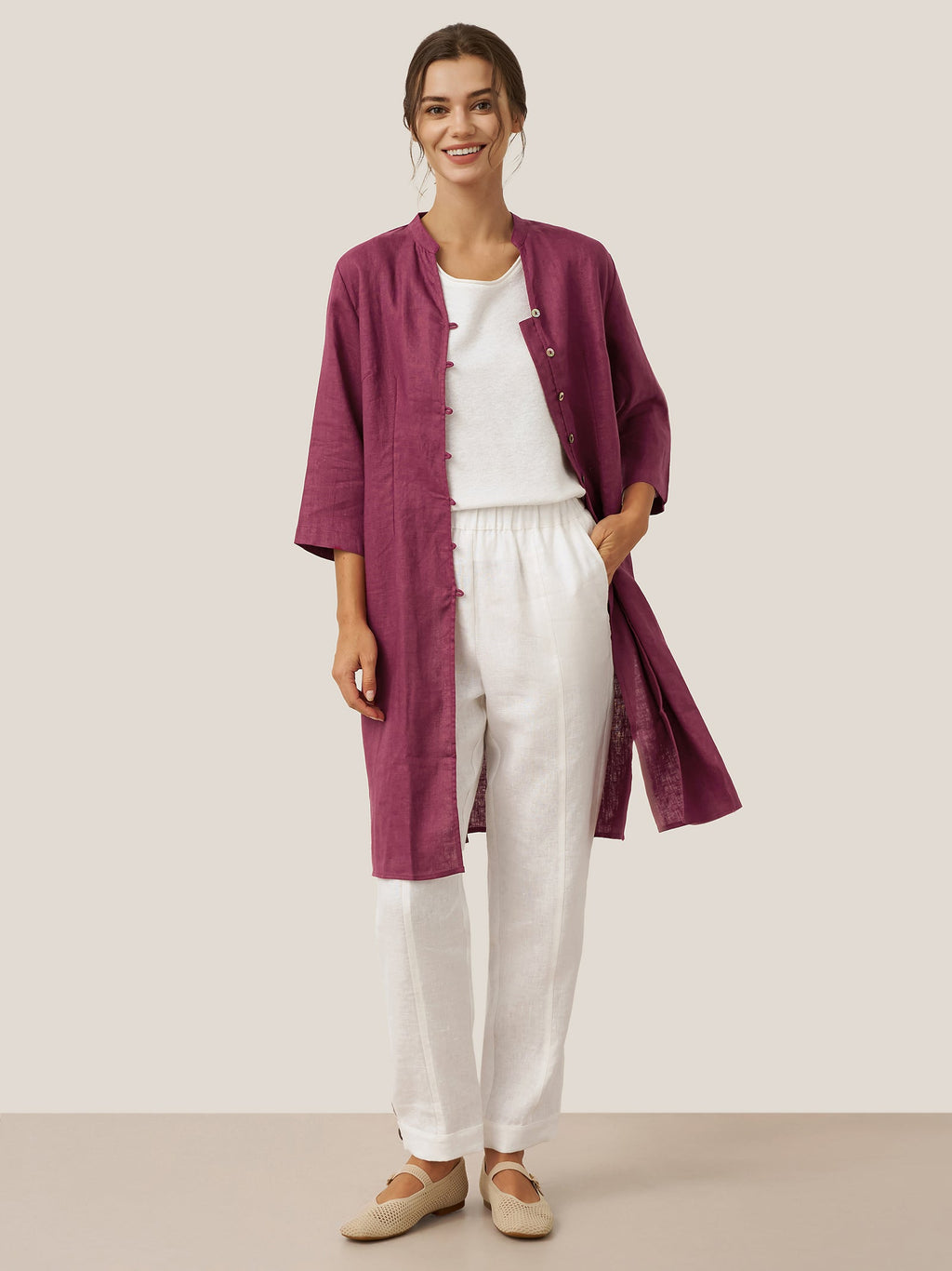 LINTICO 100% Linen Hand Button Long Top DILLON — detail shot 9