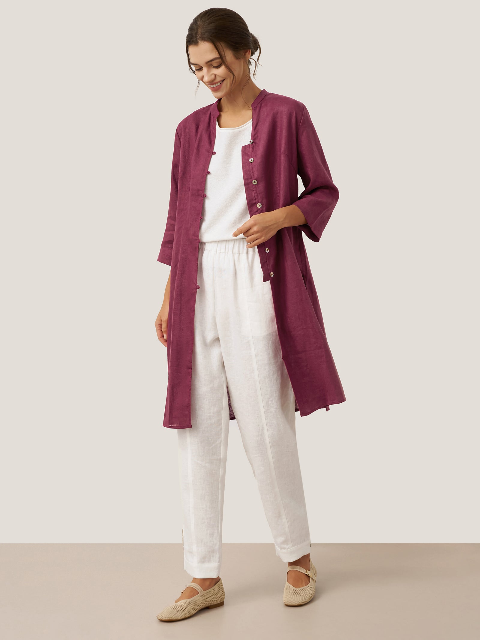 LINTICO 100% Linen Hand Button Long Top DILLON — detail shot 10