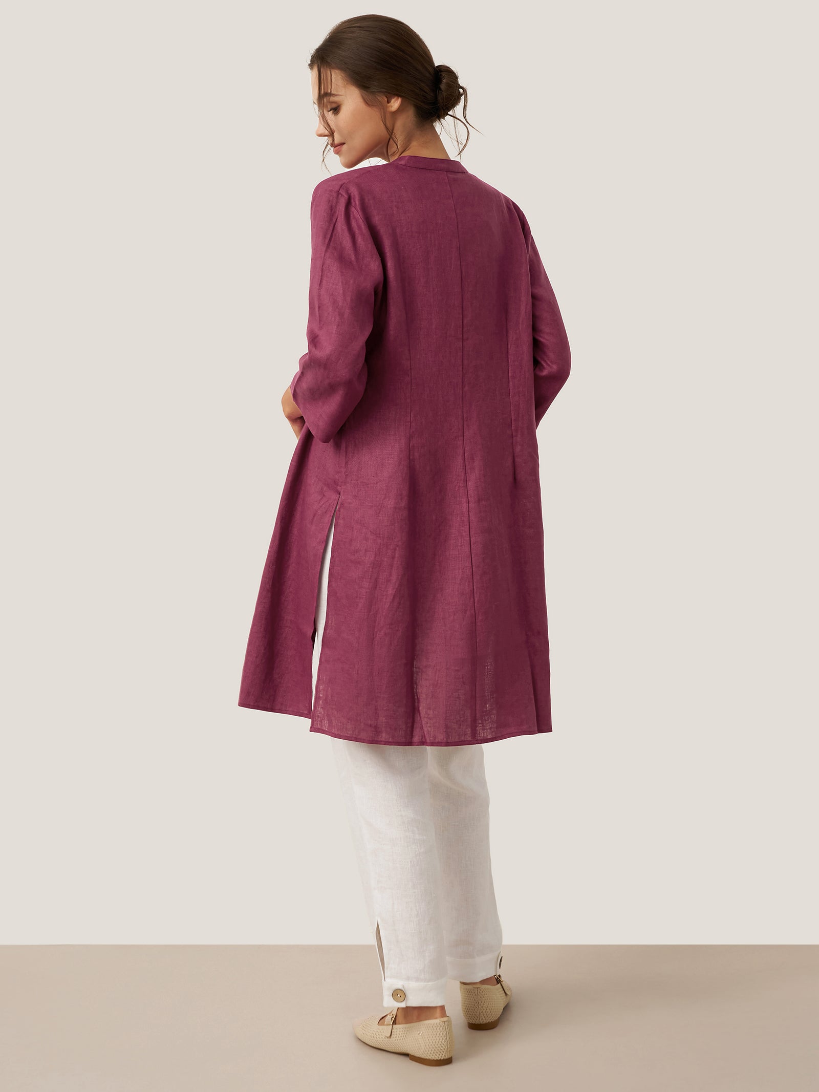 LINTICO 100% Linen Hand Button Long Top DILLON — flat-lay composition
