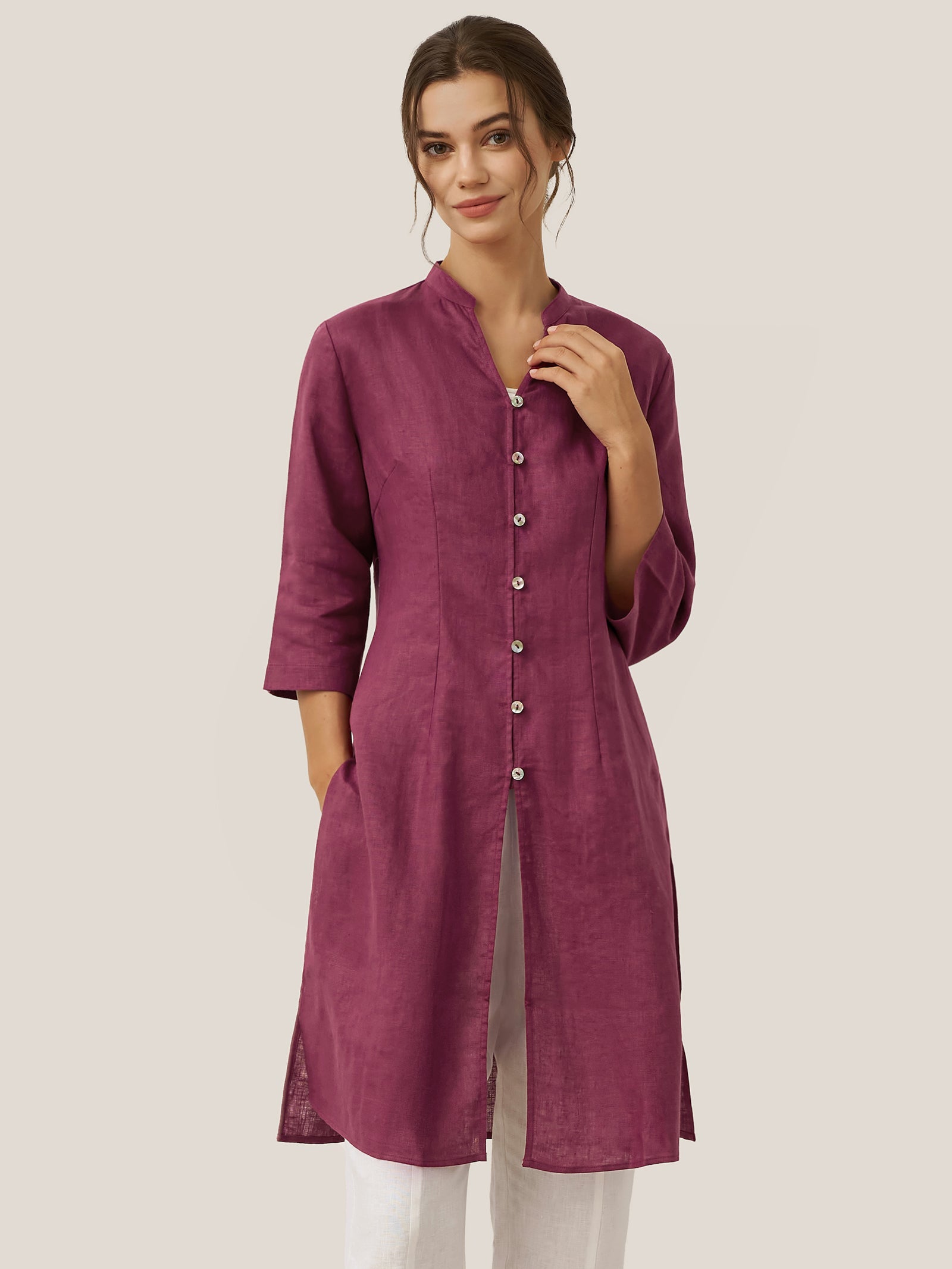 LINTICO 100% Linen Hand Button Long Top DILLON — detail shot 8