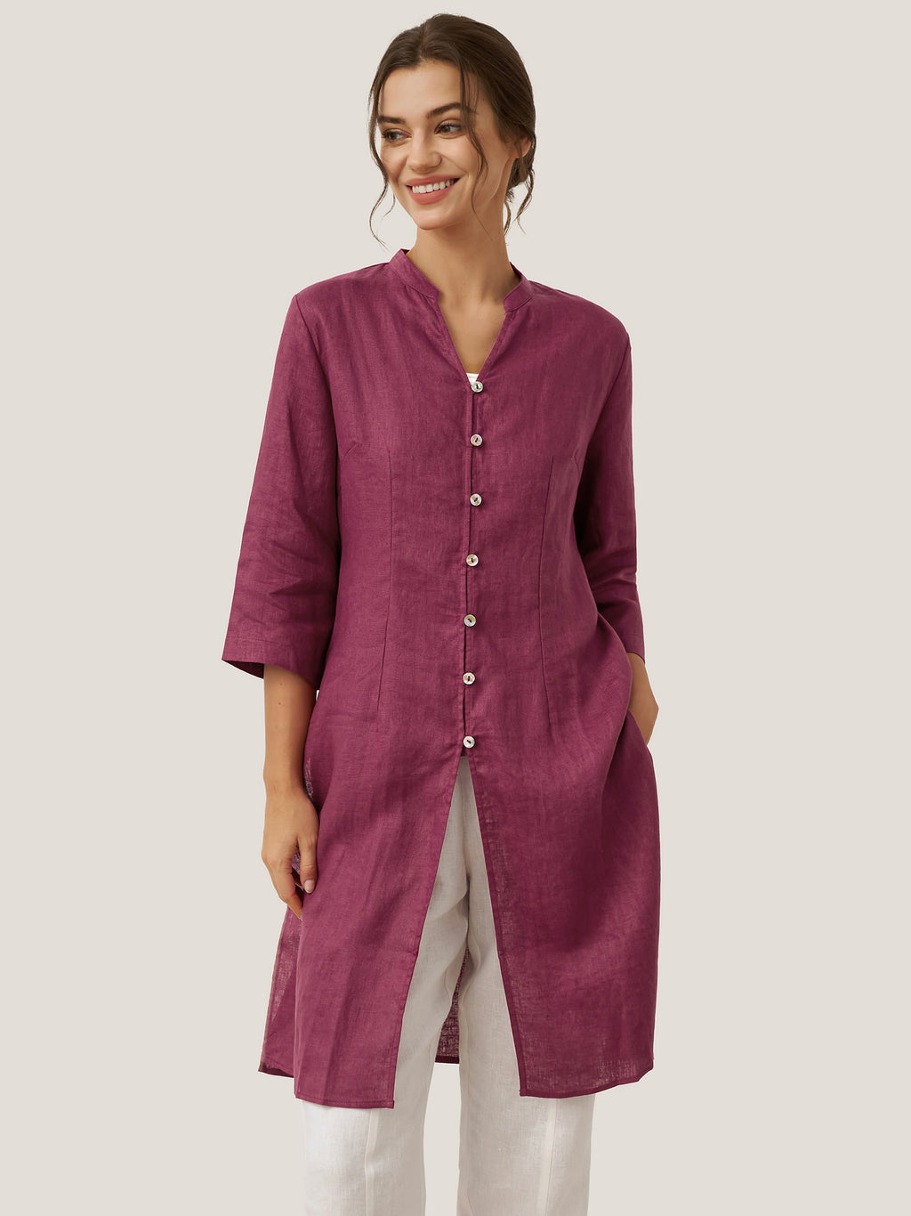 LINTICO 100% Linen Hand Button Long Top DILLON — detail shot 6
