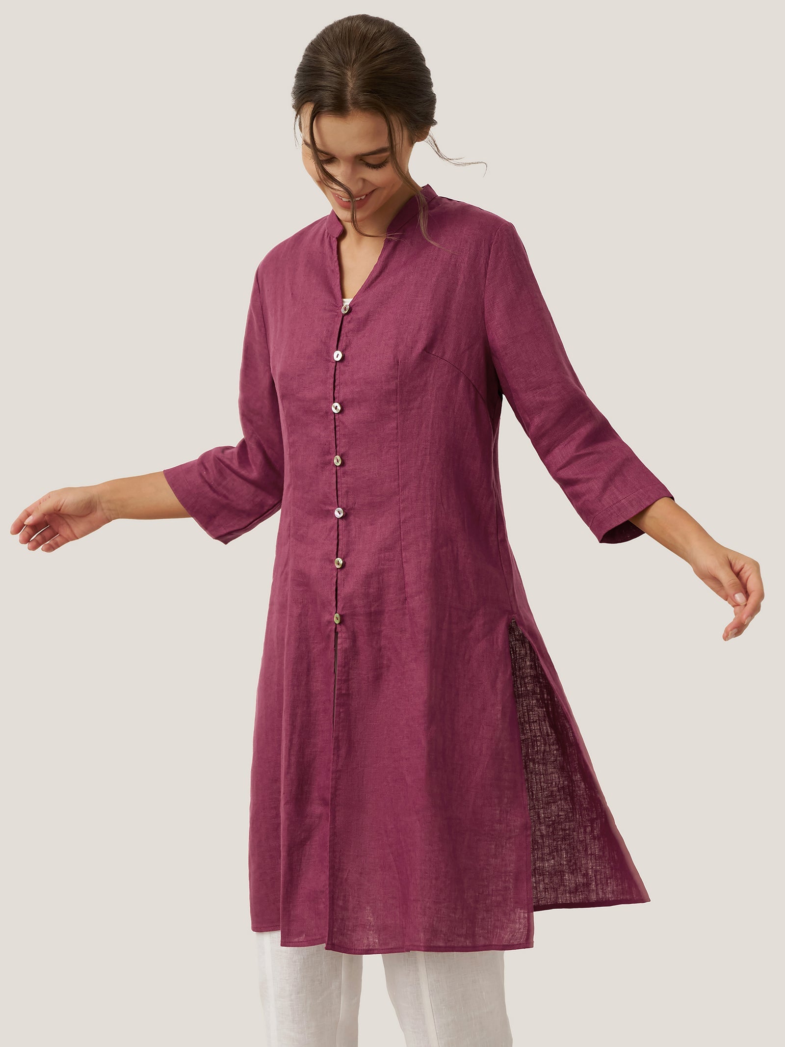 LINTICO 100% Linen Hand Button Long Top DILLON — comparison shot
