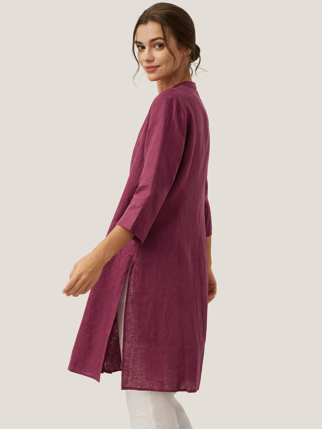 LINTICO 100% Linen Hand Button Long Top DILLON — lifestyle worn / used context