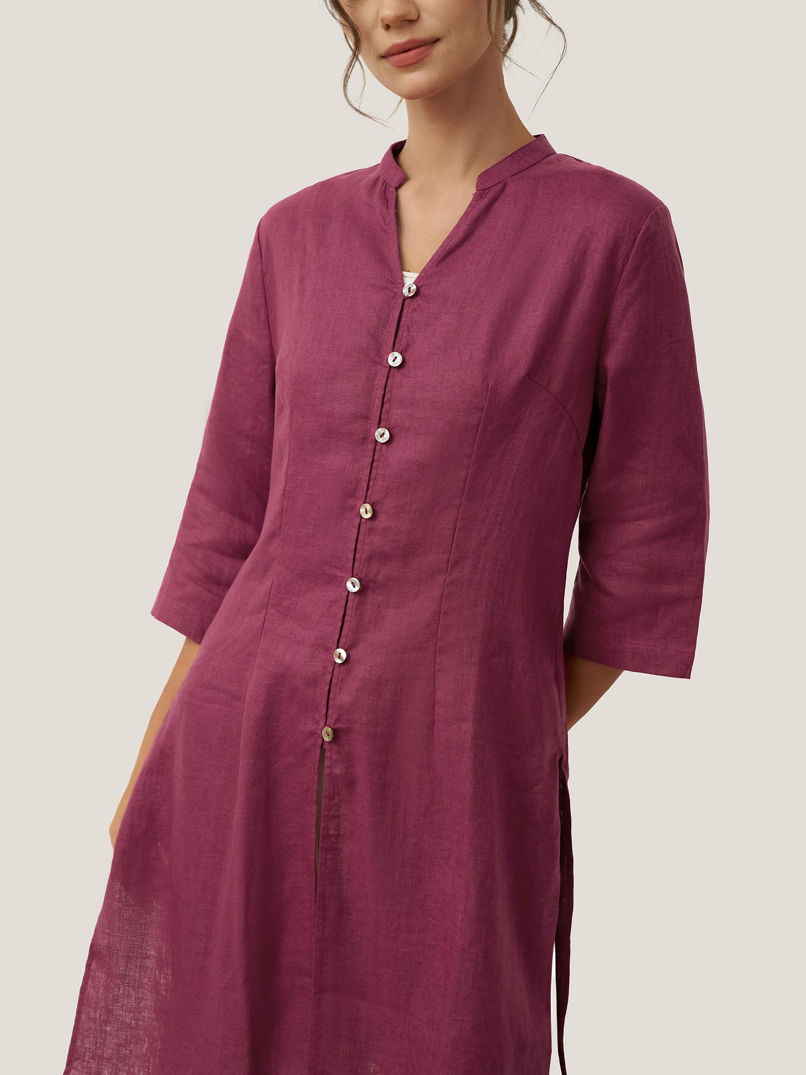 LINTICO 100% Linen Hand Button Long Top DILLON — back view