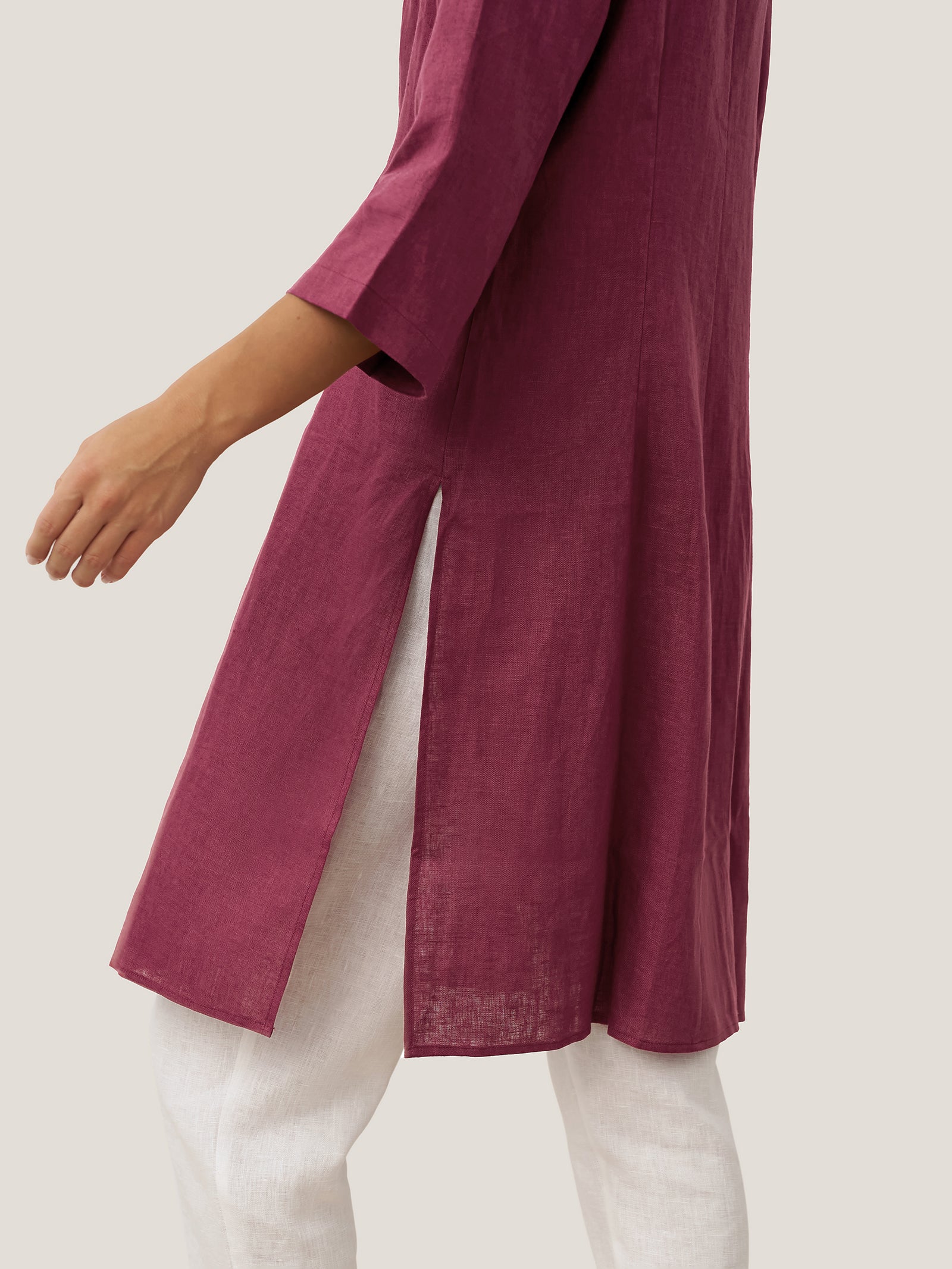 LINTICO 100% Linen Hand Button Long Top DILLON — side view