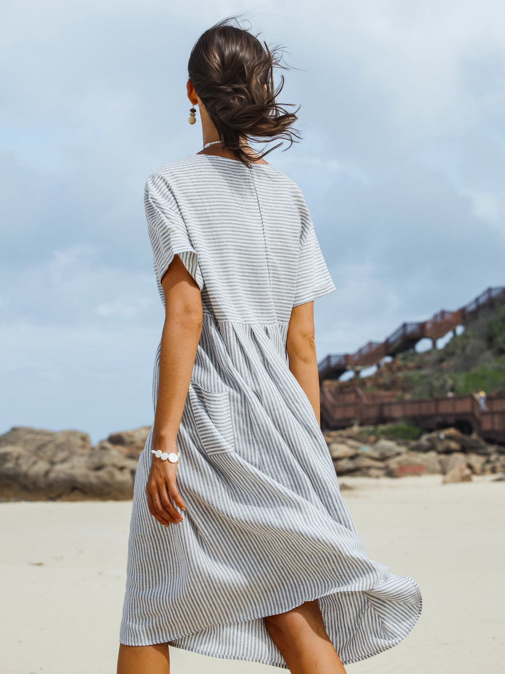 LINTICO 100% Linen Pinstripe Paneled Short-Sleeved Dress MORGAN — fabric or material detail