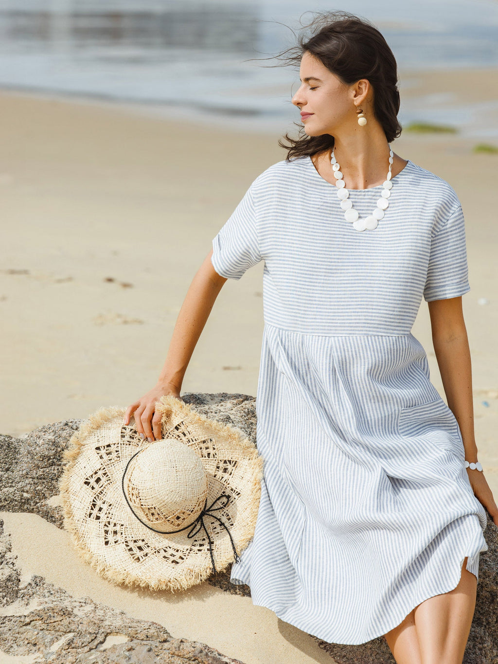 LINTICO 100% Linen Pinstripe Paneled Short-Sleeved Dress MORGAN — comparison shot
