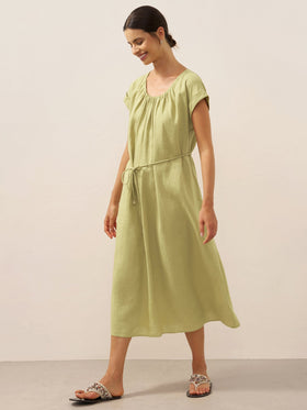 100% Linen Pleated Crew Neck Midi Dress with Detachable Tie Straps MIRA