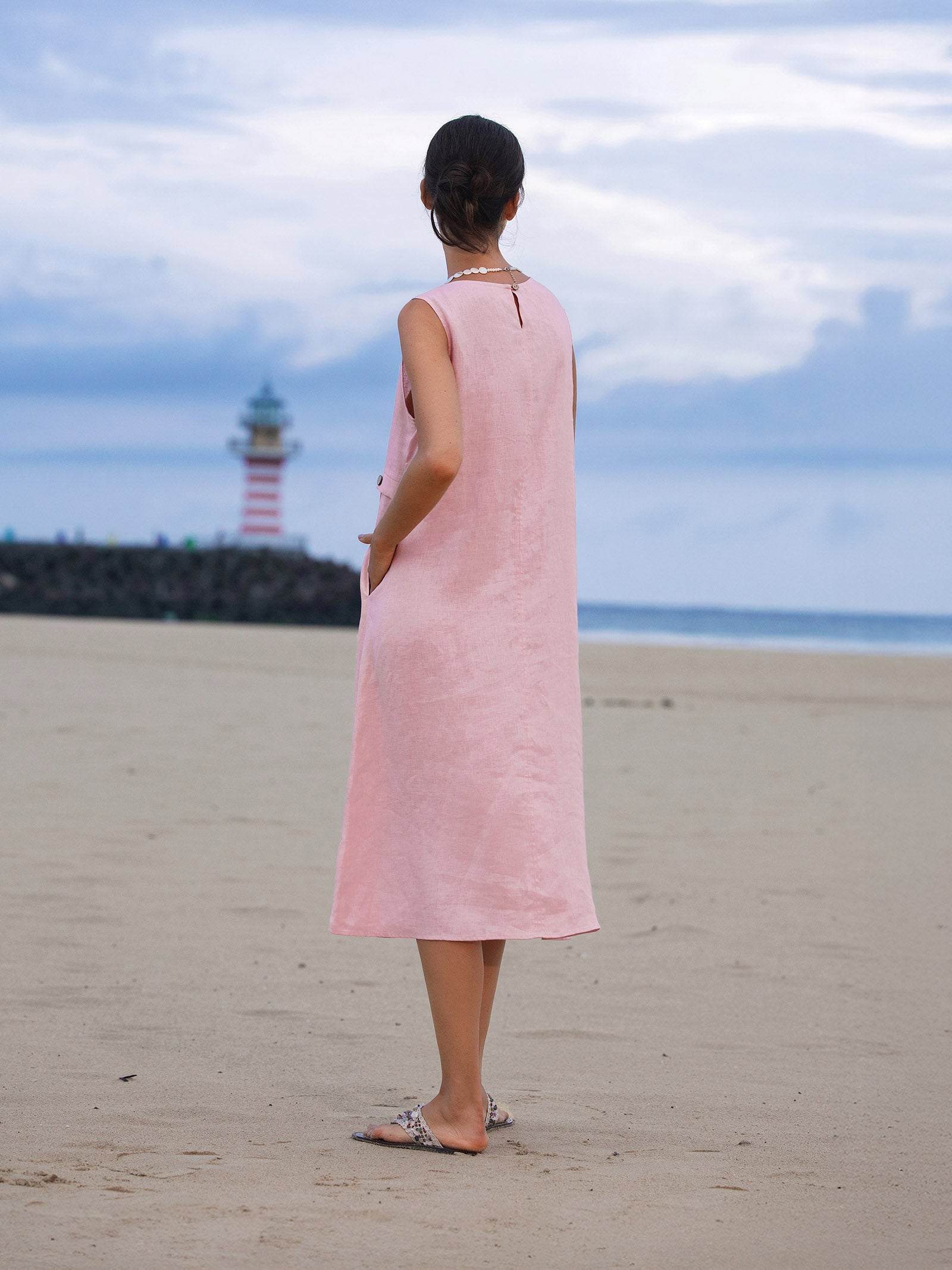 LINTICO 100% Linen Sleeveless Accordion Pleat Midi Dress TINA — dresses-midi dresses-linen category context