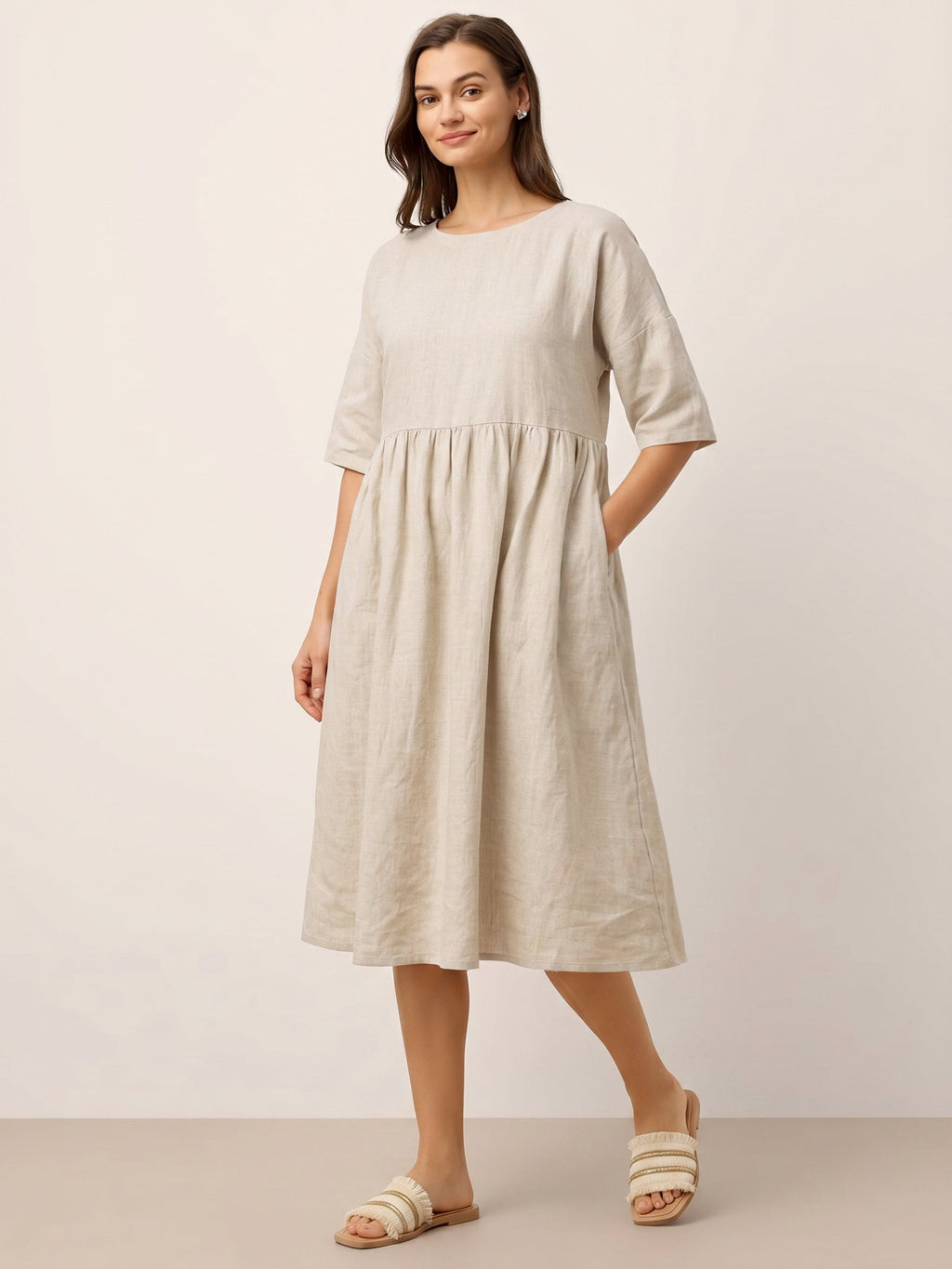 100% Linen A-Line Midi Dress VALENCIA