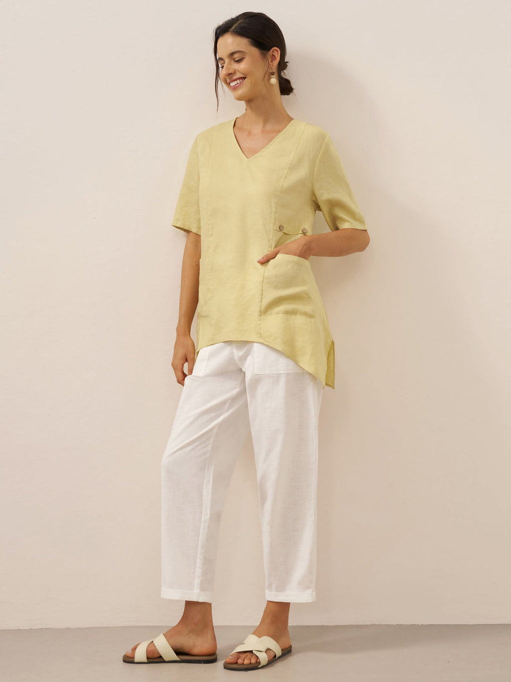 LINTICO 100% Linen Asymmetric Hem Long Top ISLA — detail shot 8