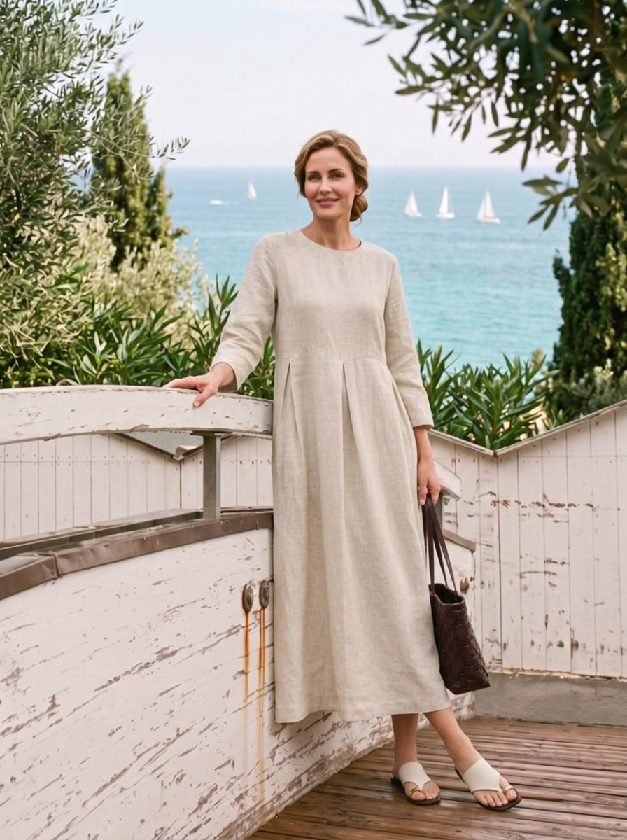 100% Linen Bateau Neck Pleated Midi Dress ABIGAIL