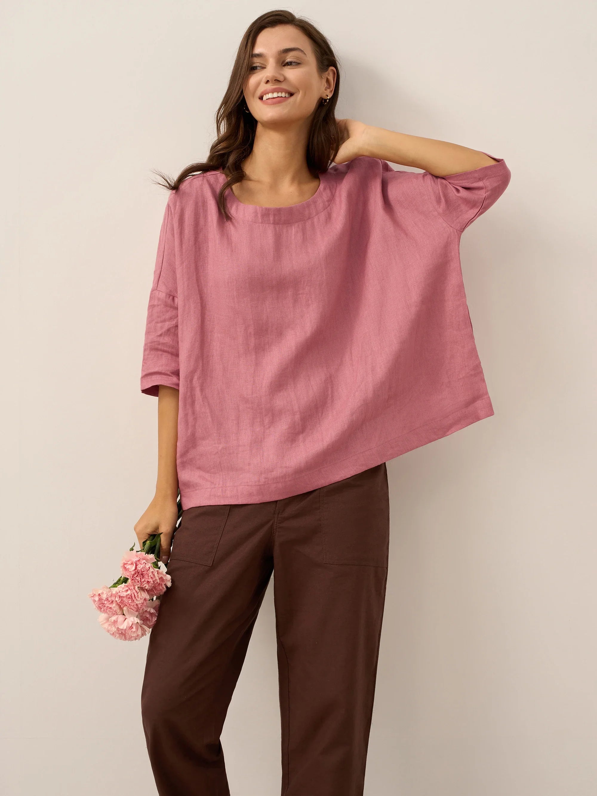 LINTICO 100% Linen Boatneck 3/4 Length Sleeve Top AURORA — size reference