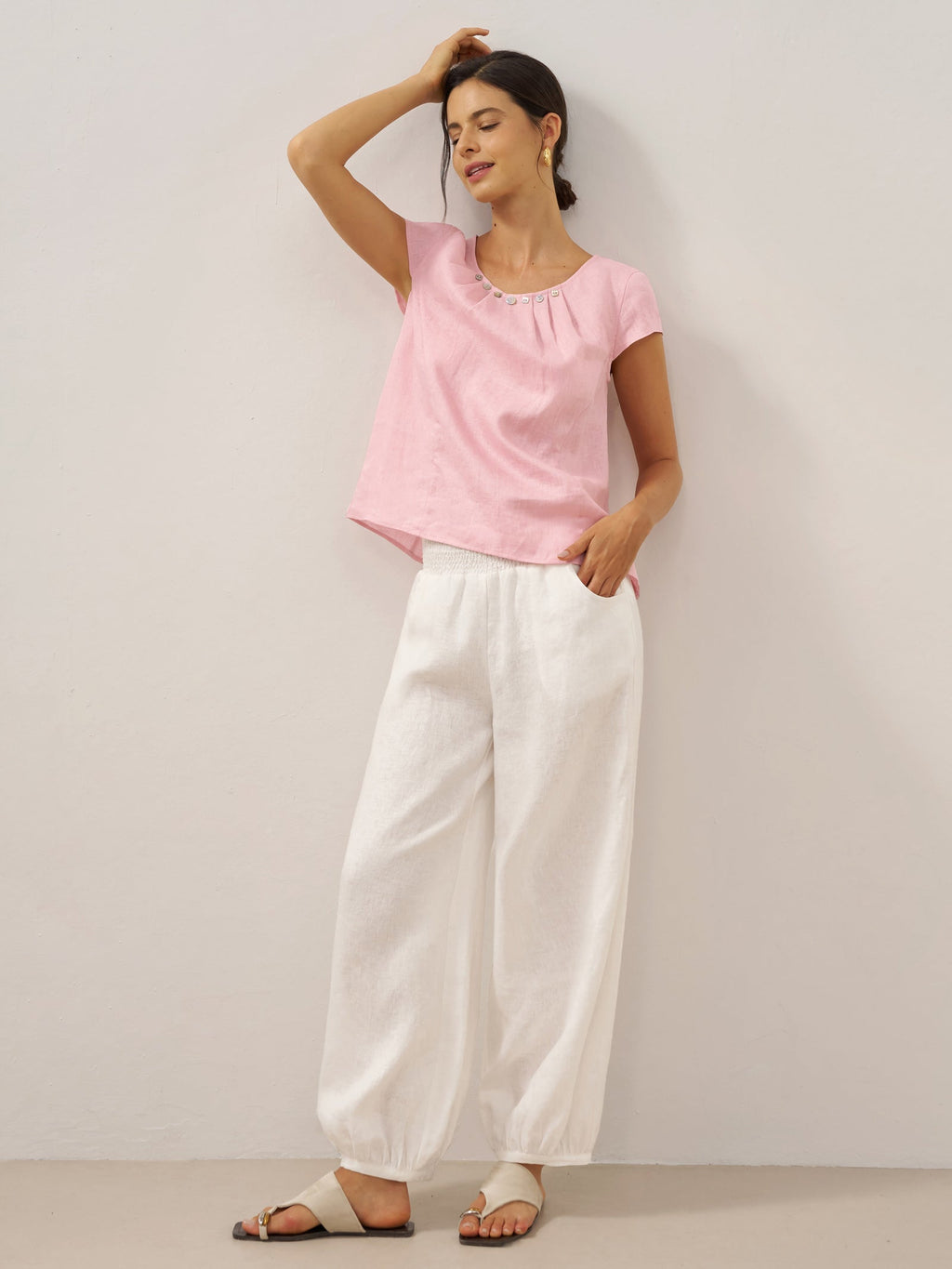 LINTICO 100% Linen Broad Elastic Waistband Pants TALIA — product on model