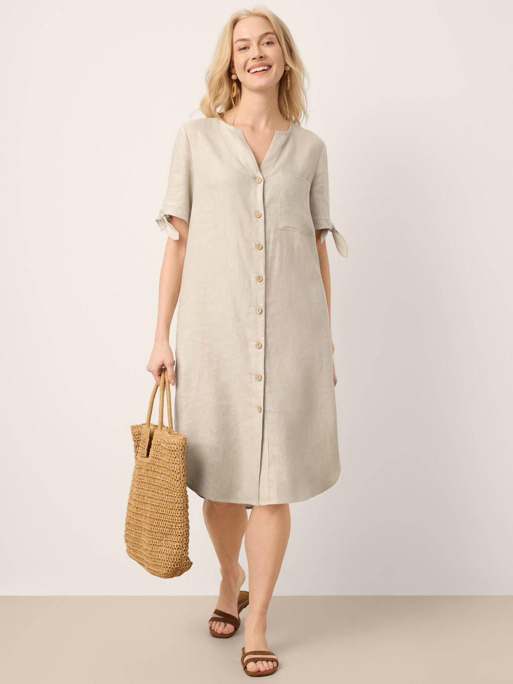 LINTICO 100% Linen Button-Front Tie Cuff V-Neck Shirt Dress HONORIA — comparison shot