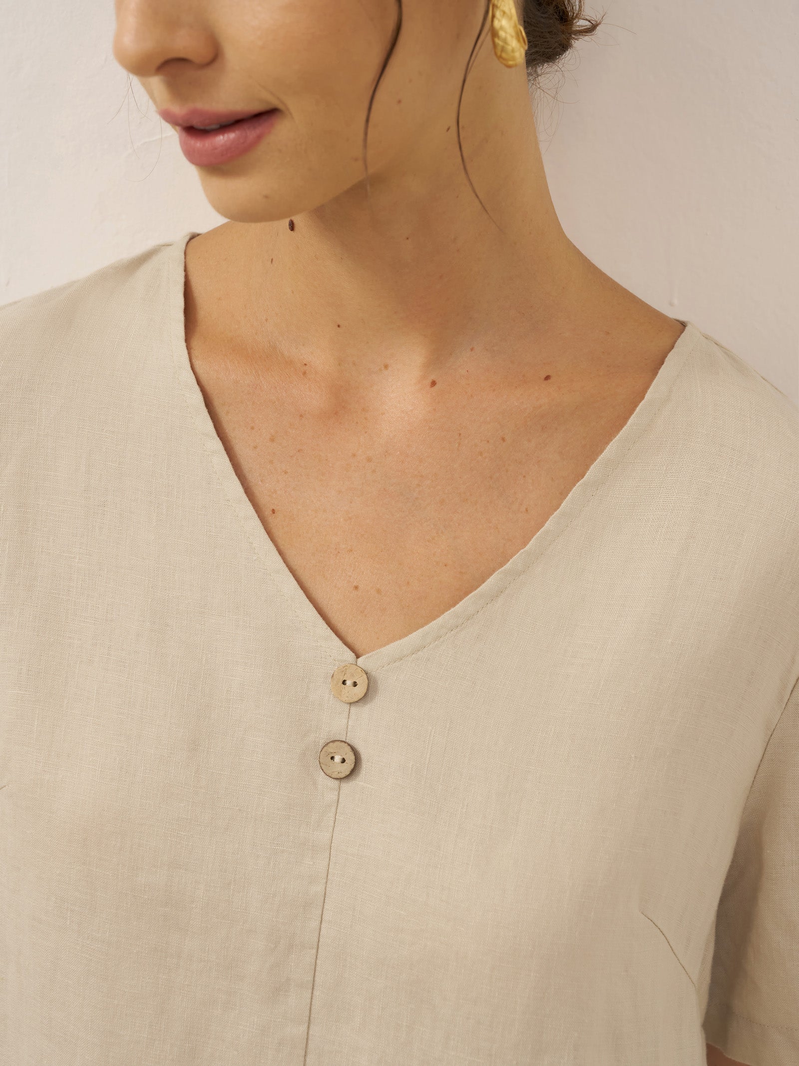 LINTICO LINTICO 100% Linen Button Front V-Neck Midi Dress NOA — lifestyle worn / used context
