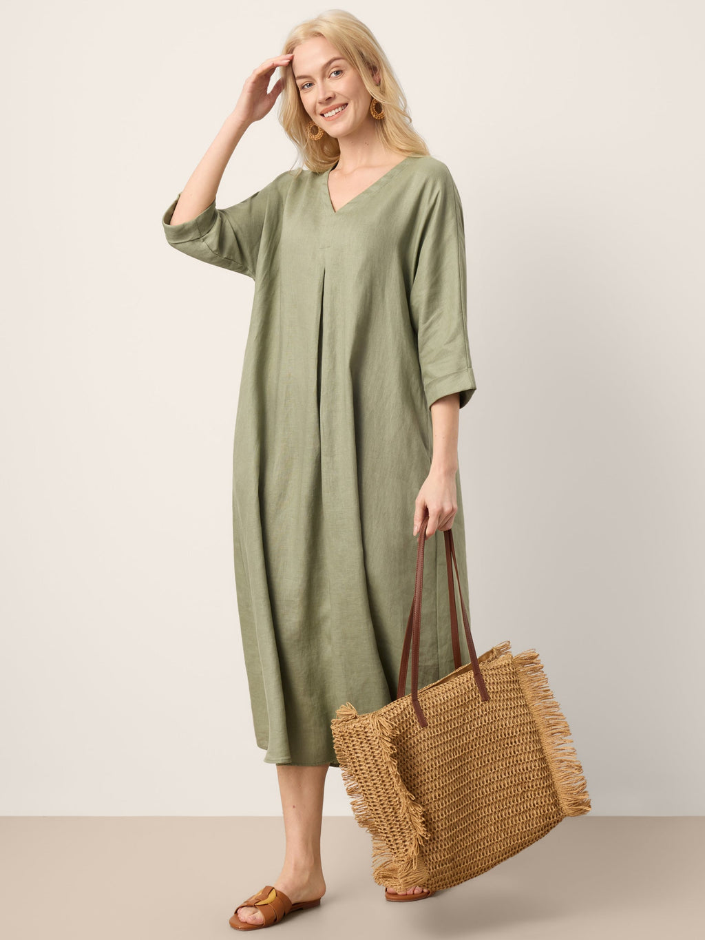 LINTICO 100% Linen Center Pleat V-Neck Cuffed Sleeve Maxi Dress ZENOBIA — detail shot 10