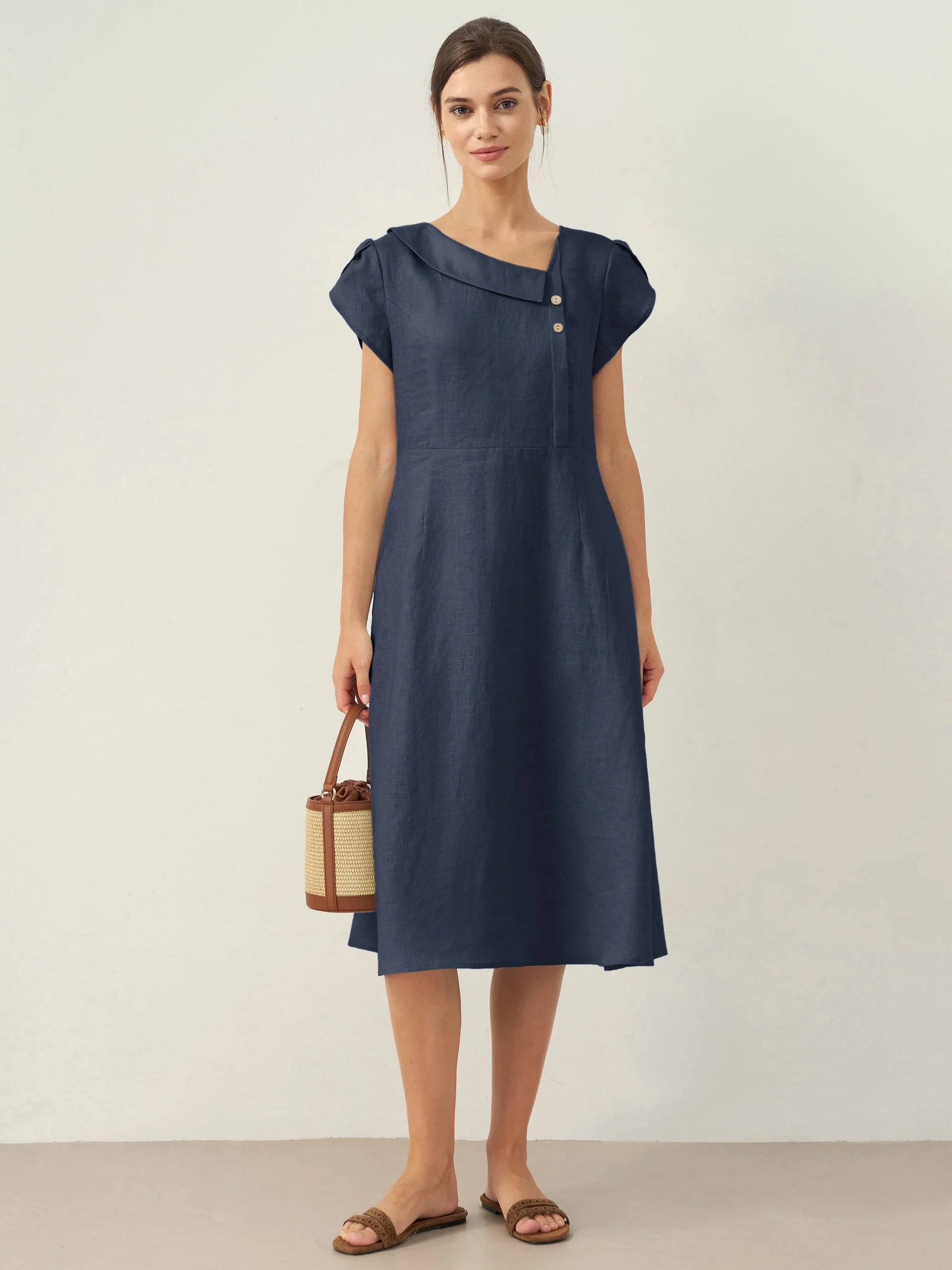 LINTICO 100% Linen Crescent Collar Flutter Sleeve Midi Dress FIONA — fabric or material detail