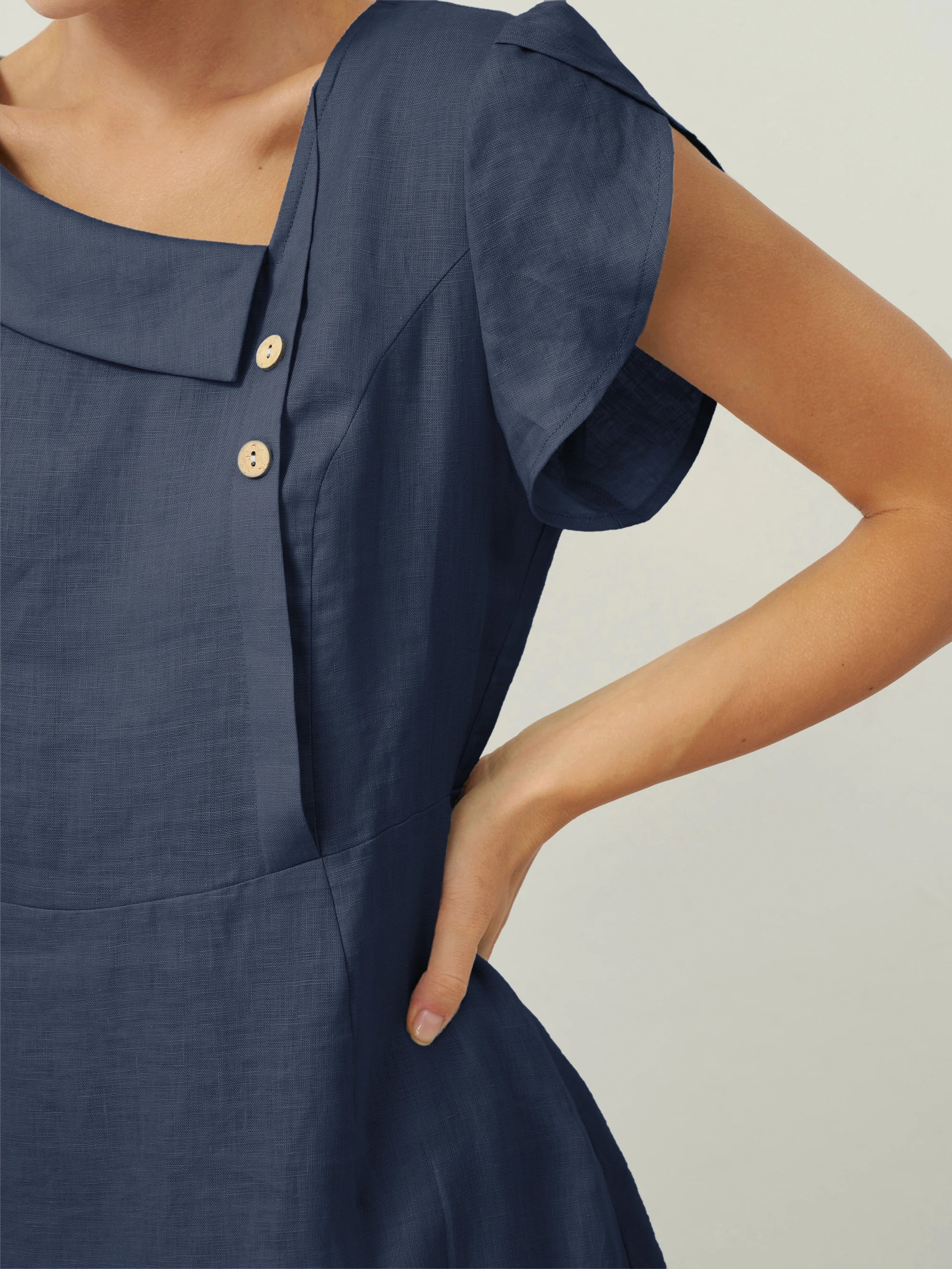 LINTICO 100% Linen Crescent Collar Flutter Sleeve Midi Dress FIONA — detail shot 6