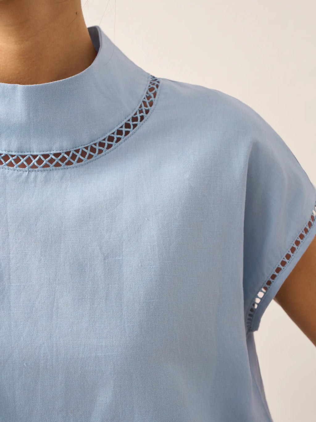 LINTICO 100% Linen Gingham Checked Cutout Turtleneck Top CAROL — detail shot 7