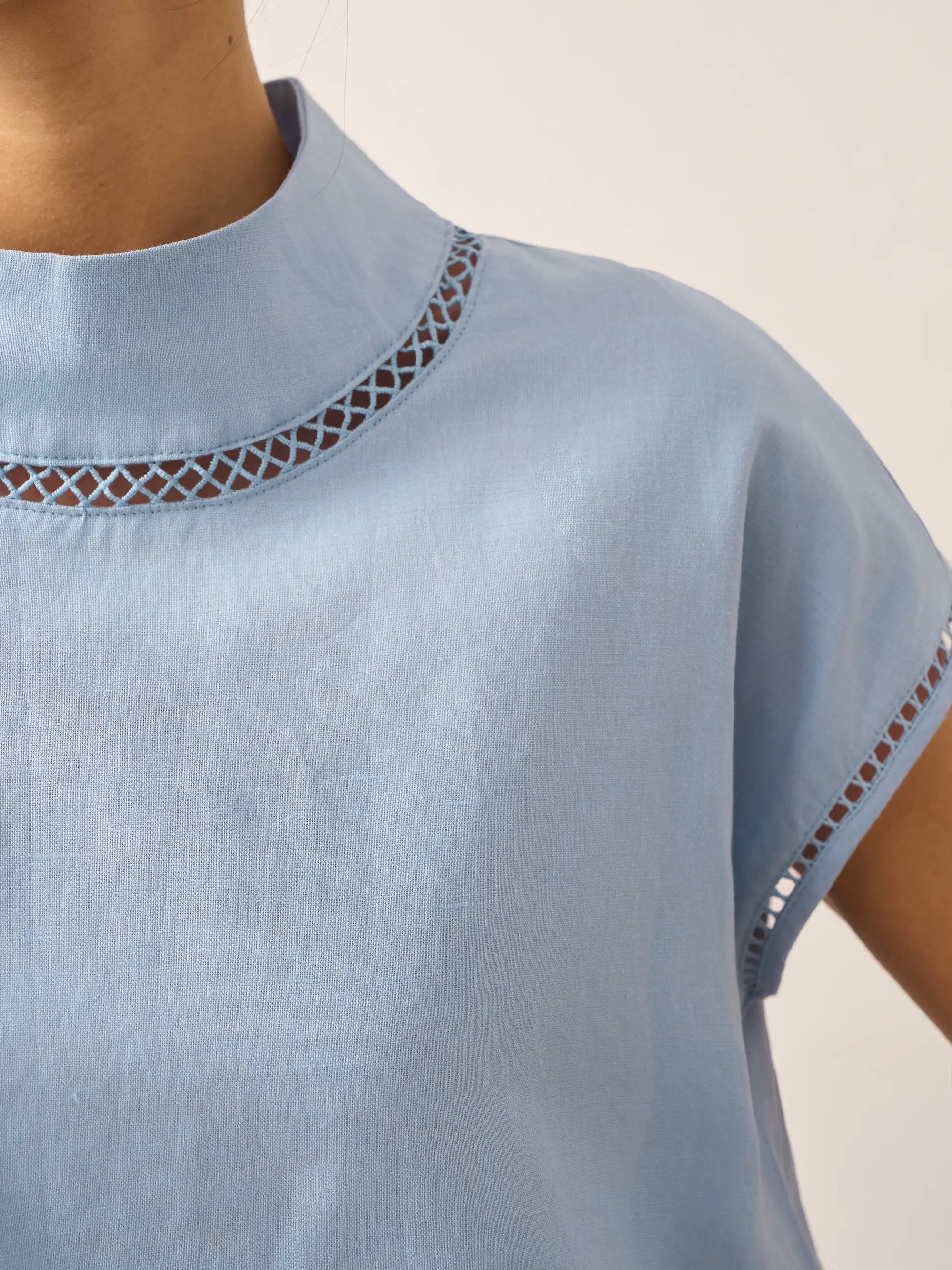 LINTICO 100% Linen Gingham Checked Cutout Turtleneck Top CAROL — detail shot 7