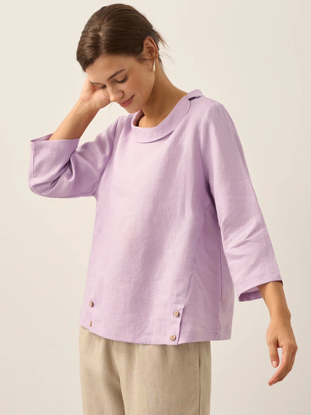 LINTICO Linen Gingham Checked Round Soft-Fold Collar Top LAURA — size reference