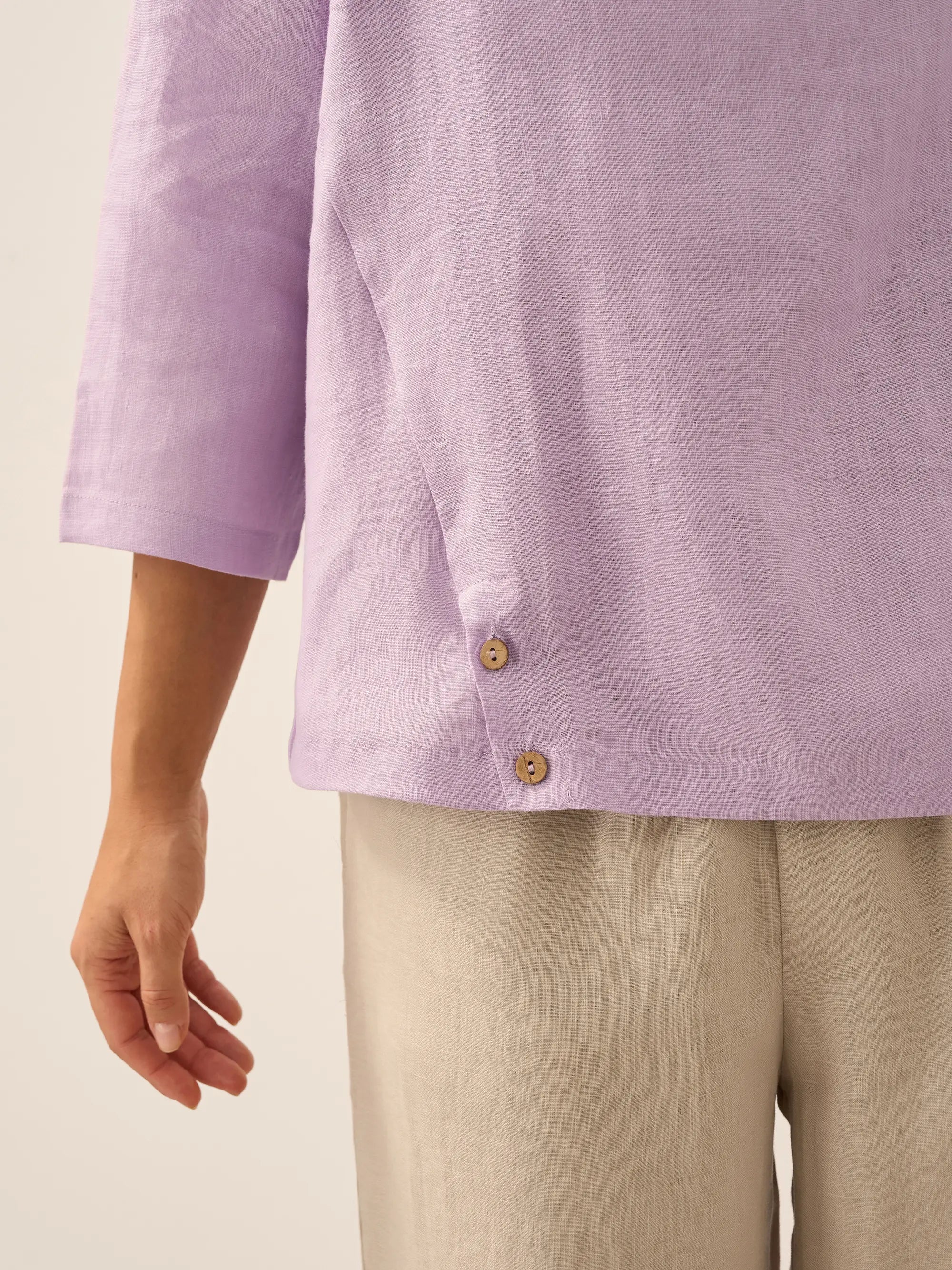 LINTICO Linen Gingham Checked Round Soft-Fold Collar Top LAURA — product on model