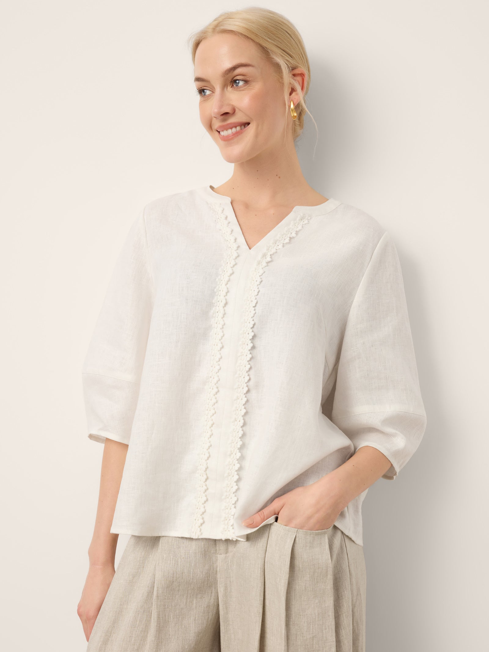 LINTICO 100% Linen Lace Trim Lantern Sleeve V-Neck Top LIVIAN — detail shot 6