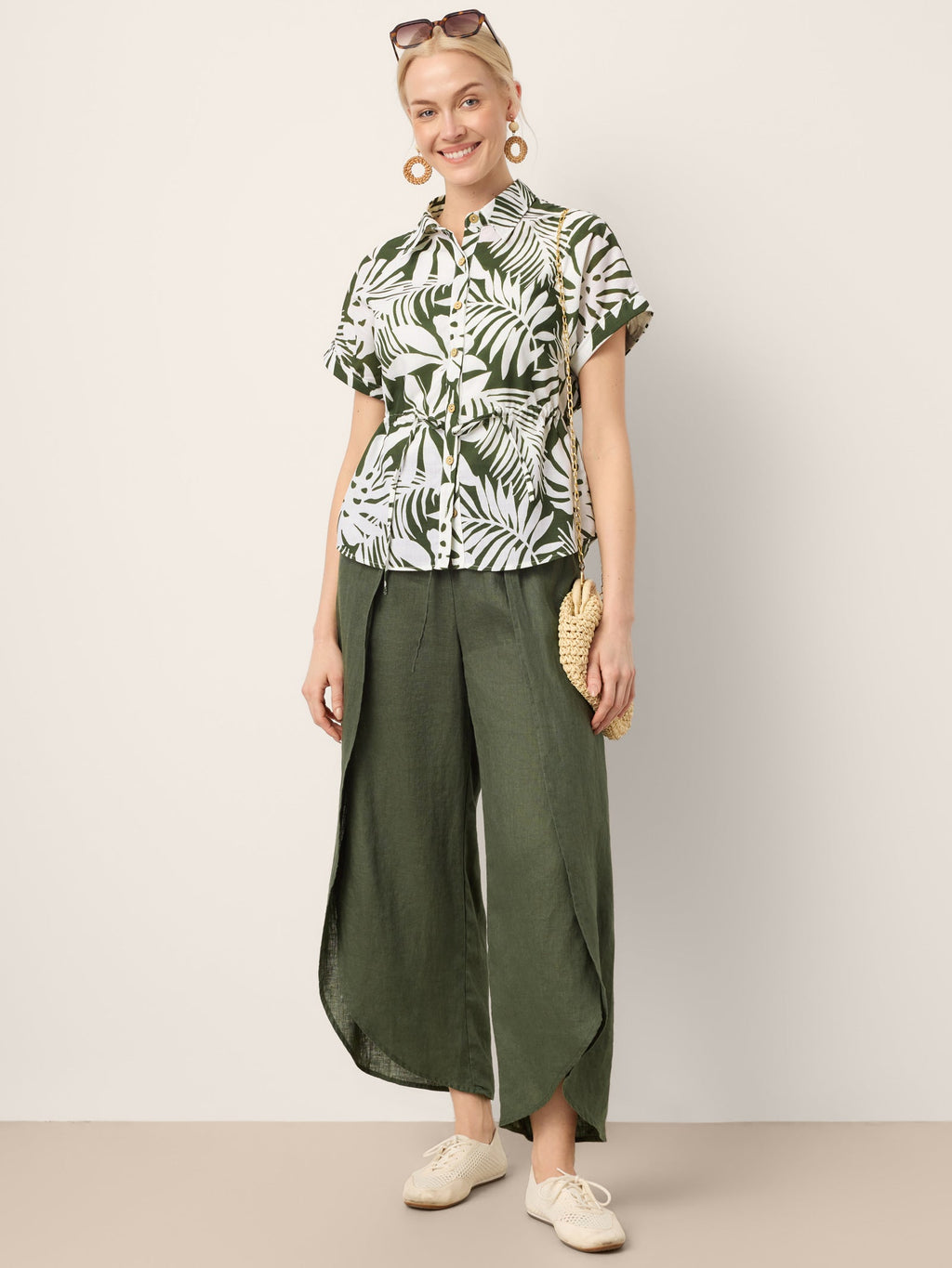 LINTICO 100% Linen Layered Slit Wide-Leg Drawstring Pants PEREGRINE — detail shot 10