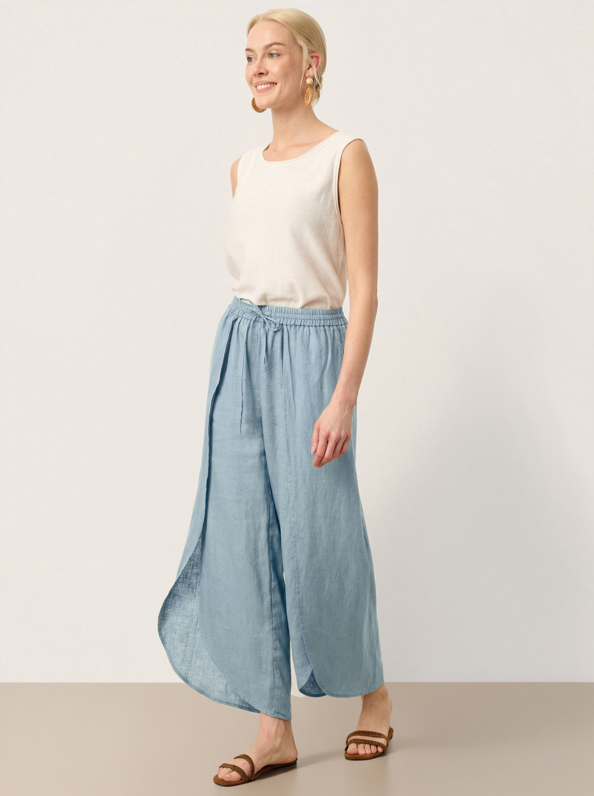 LINTICO 100% Linen Layered Slit Wide-Leg Drawstring Pants PEREGRINE — main product shot