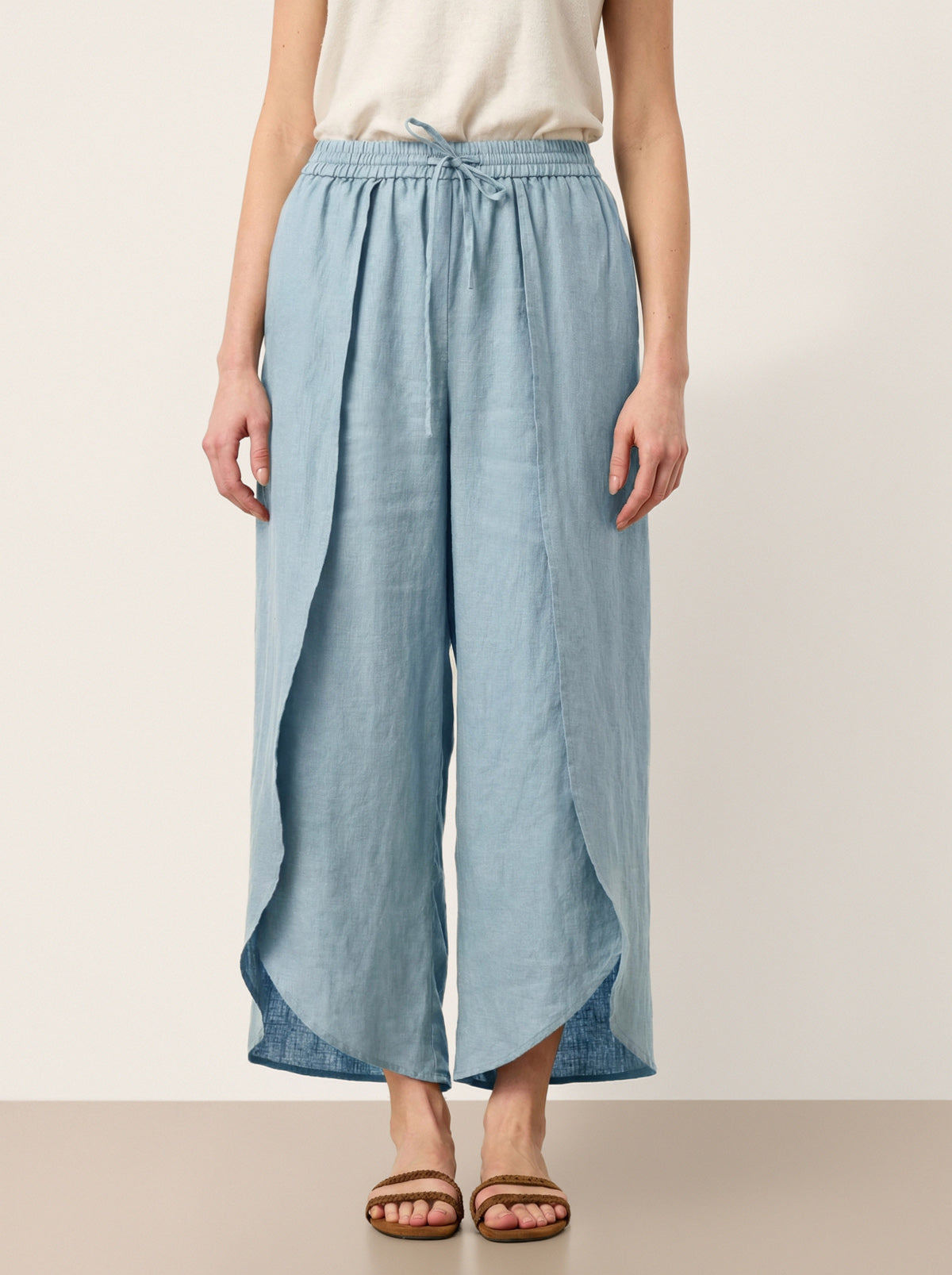 LINTICO 100% Linen Layered Slit Wide-Leg Drawstring Pants PEREGRINE — lifestyle context