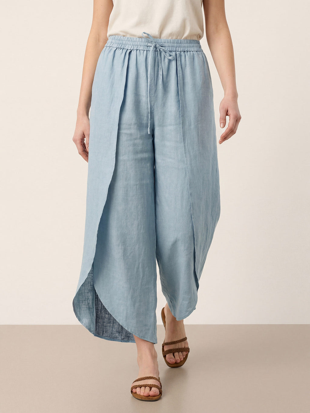 LINTICO 100% Linen Layered Slit Wide-Leg Drawstring Pants PEREGRINE — fabric or material detail