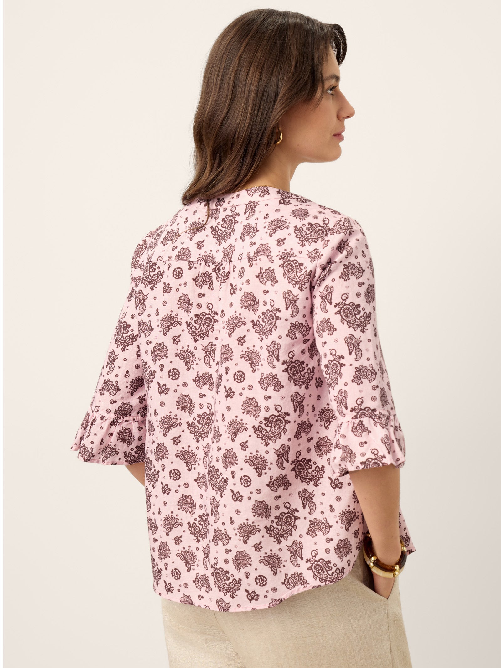 LINTICO Linen Paisley Pintucked Ruffle-Cuff Curved Hem Blouse ILARIA — side view