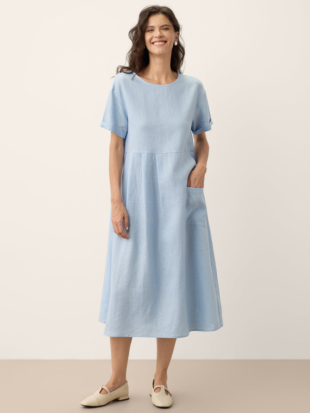 LINTICO 100% Linen Pinstripe Paneled Short-Sleeved Dress MORGAN — comparison shot