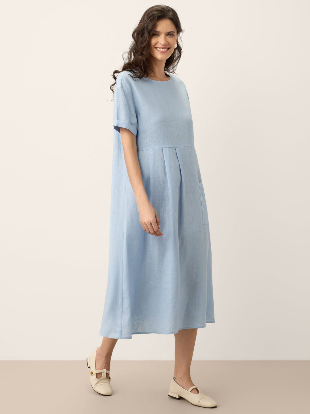 LINTICO 100% Linen Pinstripe Paneled Short-Sleeved Dress MORGAN — side view