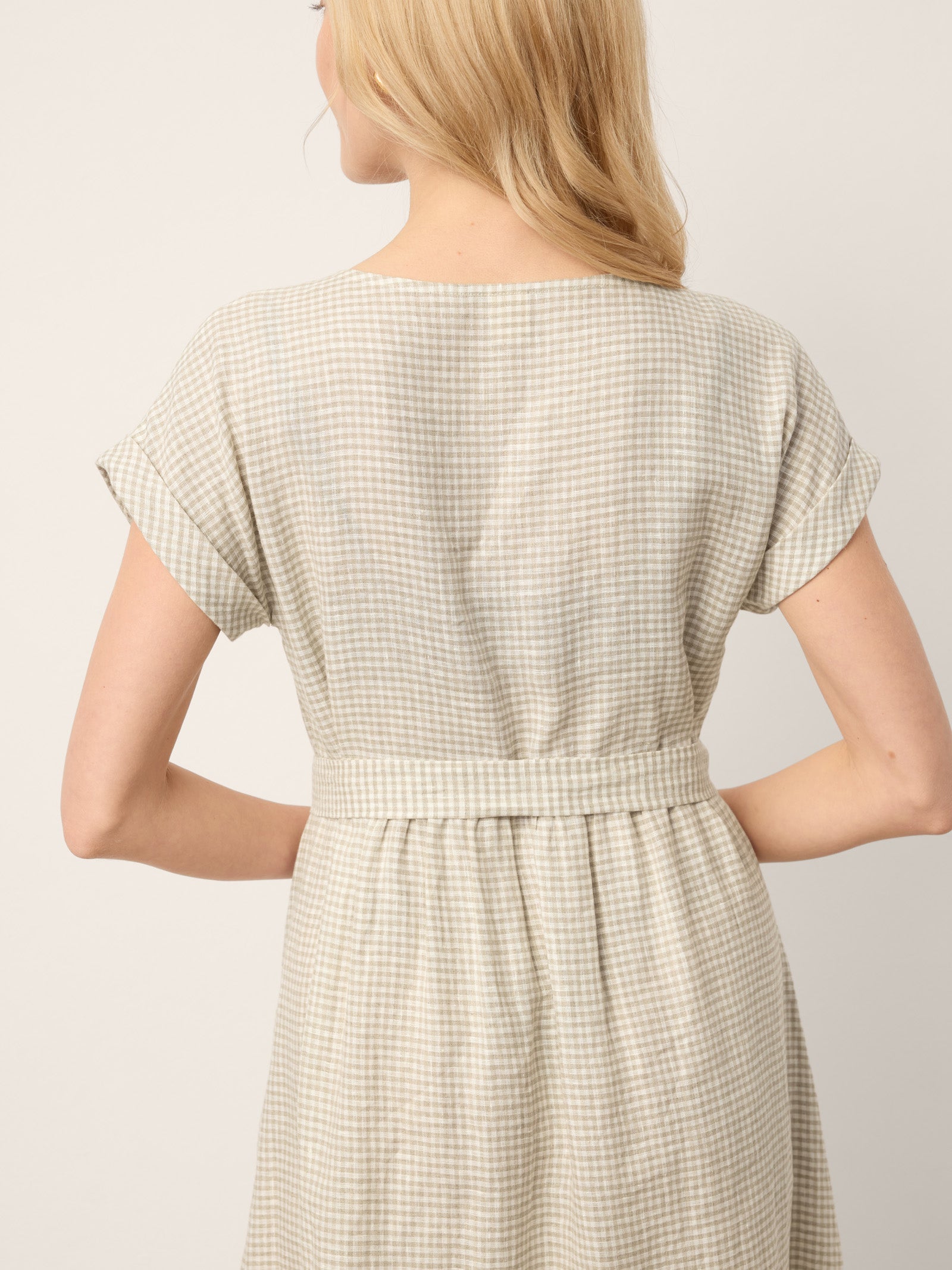 LINTICO 100% Linen Plaid Detachable Tie-Belt Button-Front Maxi Dress LARISSA — detail shot 8