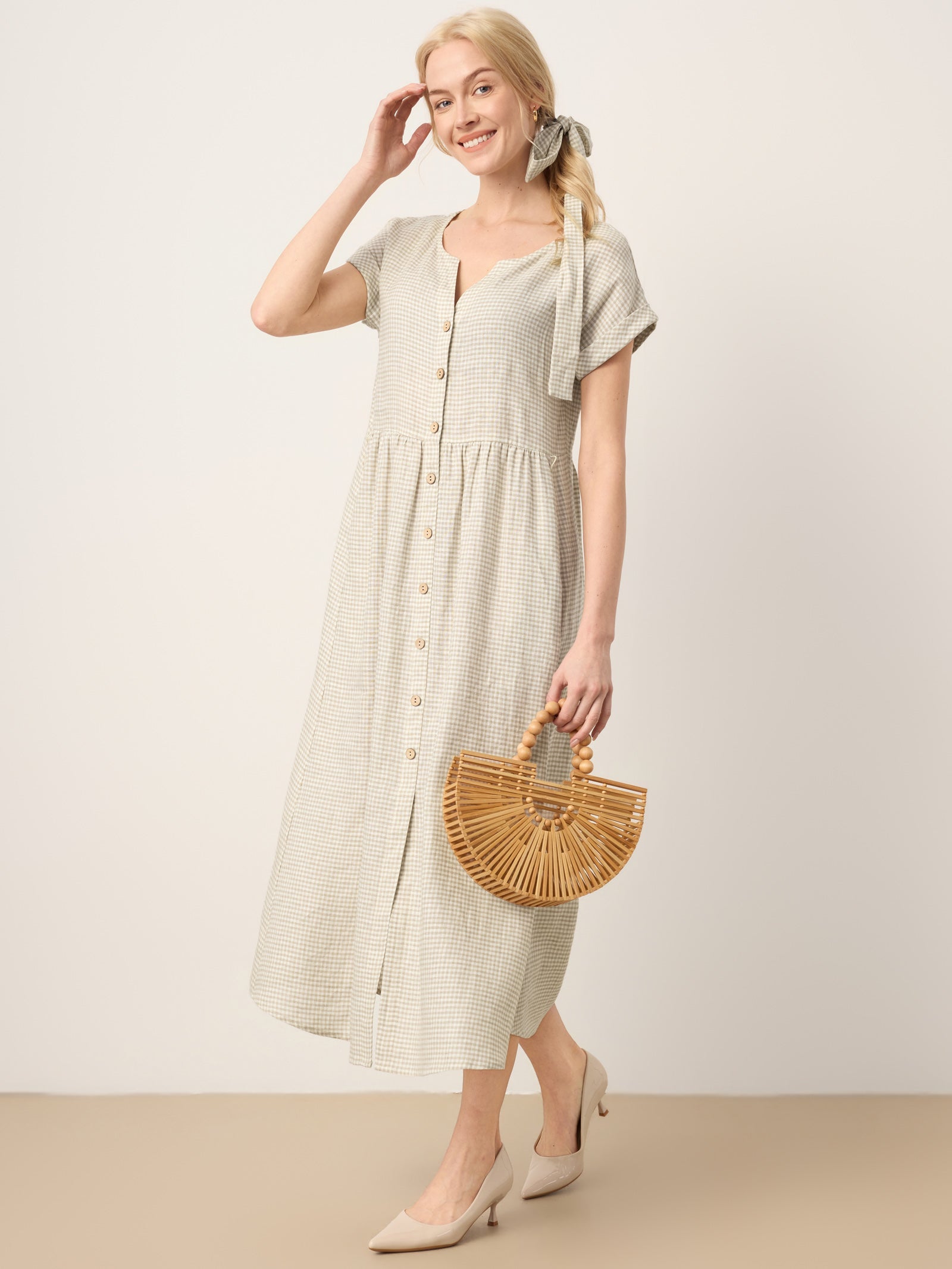 LINTICO 100% Linen Plaid Detachable Tie-Belt Button-Front Maxi Dress LARISSA — detail shot 10