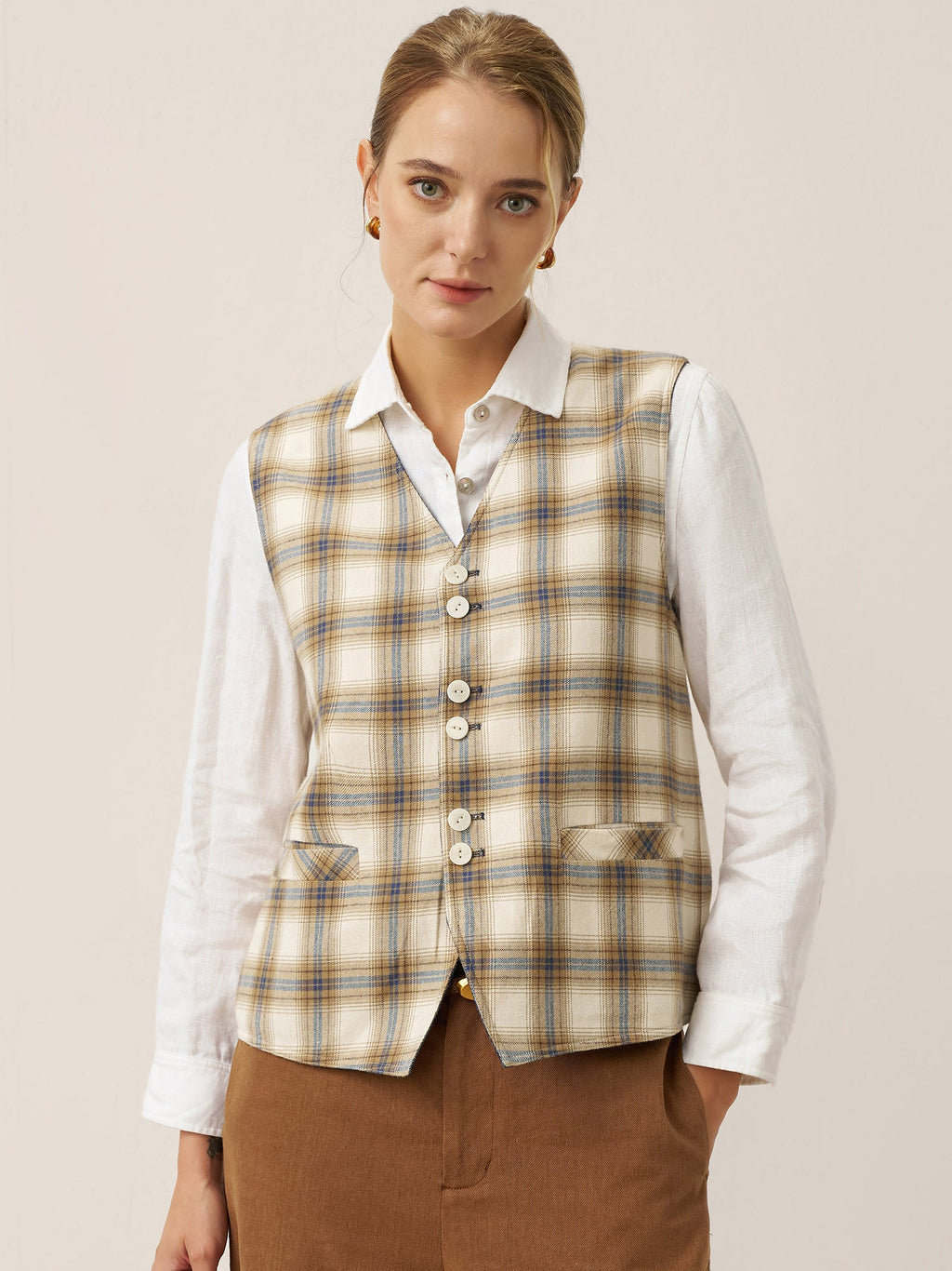 LINTICO 100% Linen Reversible Denim Texture Button Front Vest HARPER — construction detail