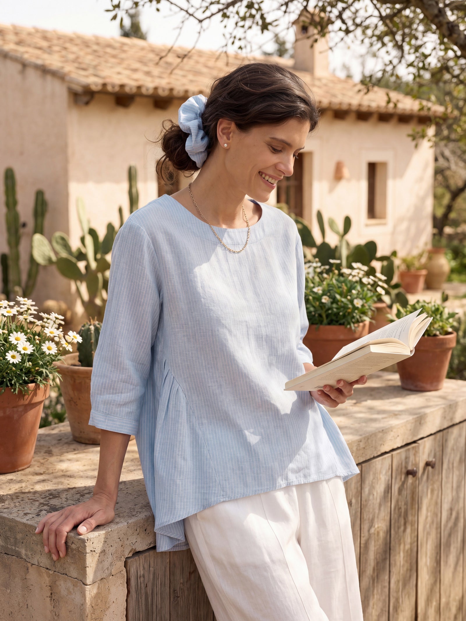 LINTICO 100% Linen Round Neck Artistic Stripe Top FLORENCE — size reference
