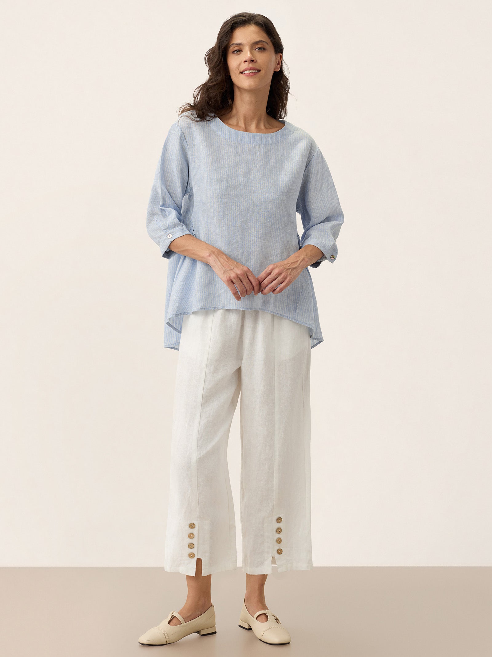 LINTICO 100% Linen Round Neck Artistic Stripe Top FLORENCE — feature highlight